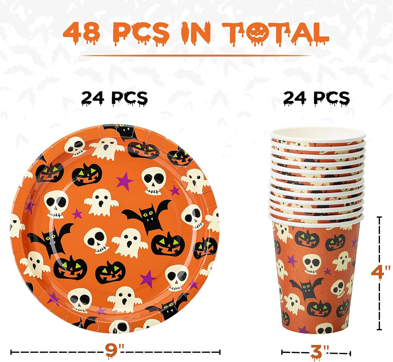 Mr. Pen – Juego de platos y tazas de Halloween, 48 piezas, tazas y platos de Halloween, platos y tazas de fiesta de Halloween, vajilla de Halloween,