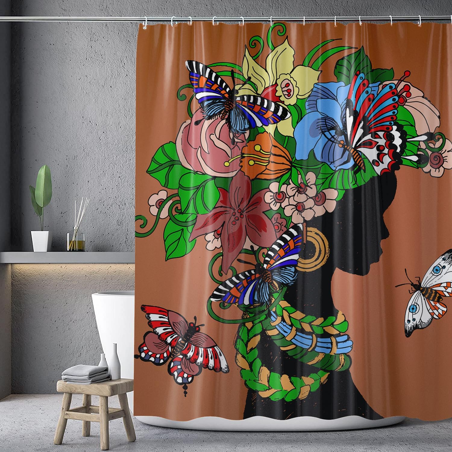 Cortina de ducha de mujer africana, cortinas de ducha de niña negra afroamericana, divertidas, juego de cortinas de ducha de tela de arte negro,