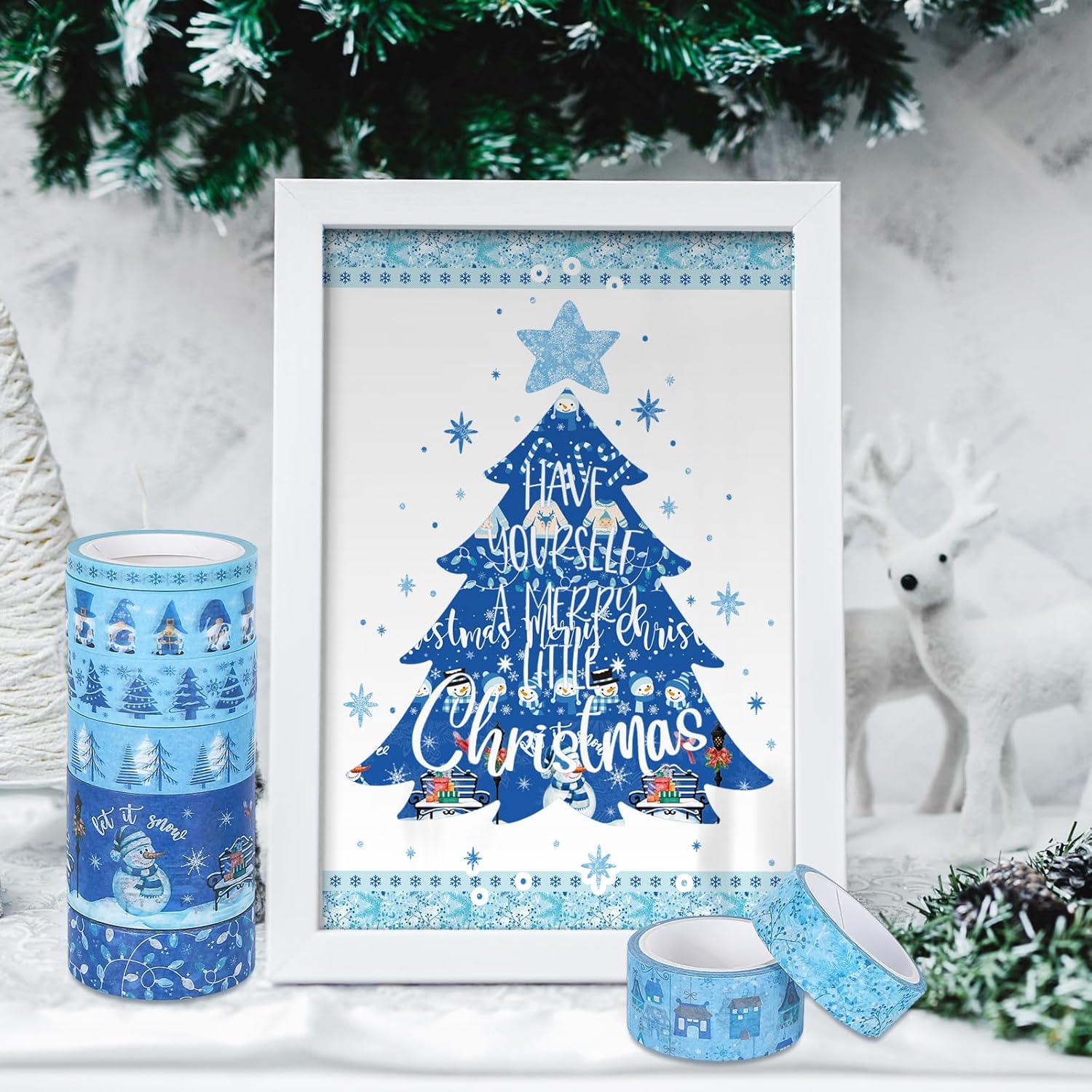Whaline 16 rollos de cinta Washi de invierno, 4 tamaños, cinta adhesiva Washi azul para Navidad, copo de nieve, muñeco de nieve, papel decorativo de