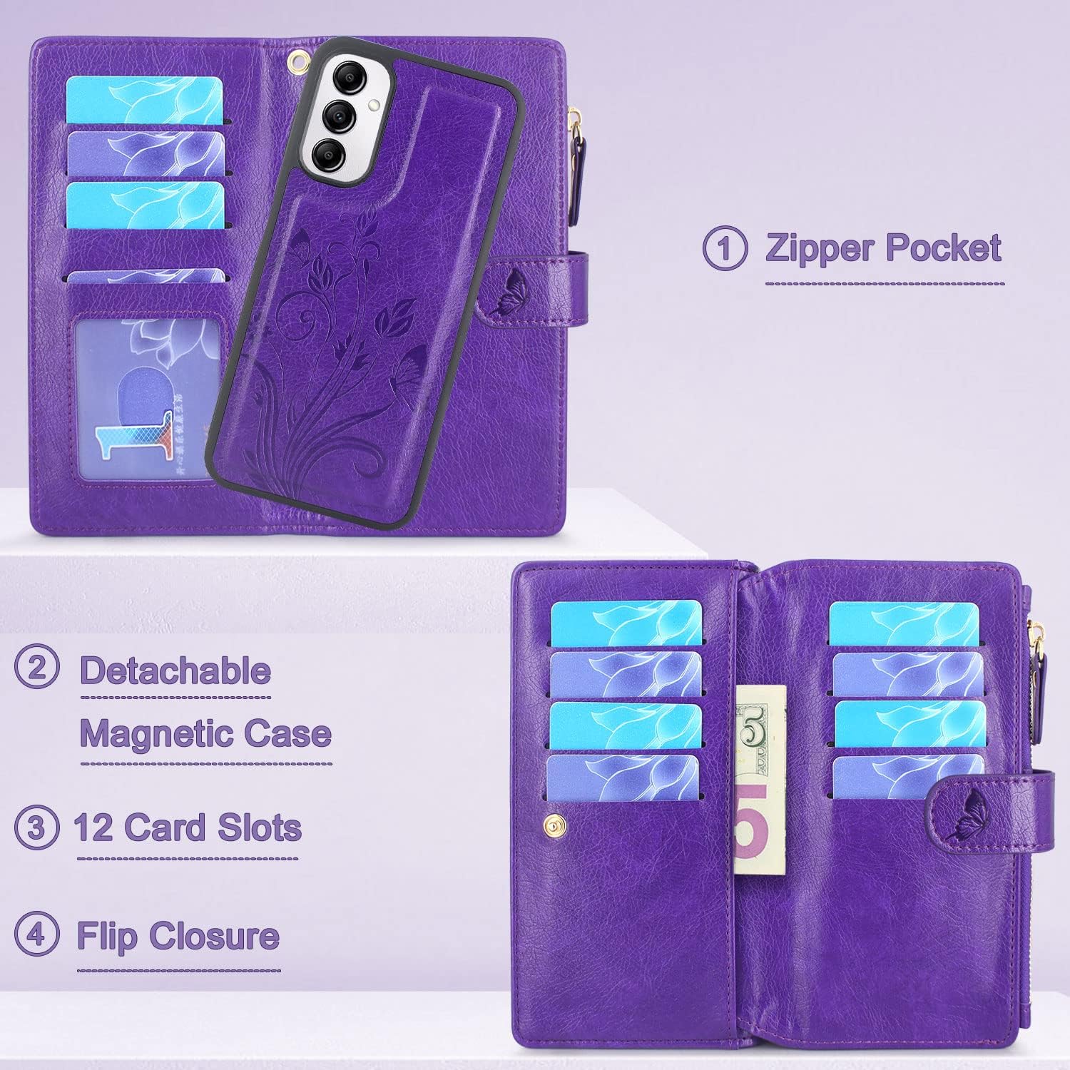 Lacass Funda para Samsung Galaxy A14 5G 2023, 12 ranuras para tarjetas Soporte para dinero en efectivo para tarjetas de identificación, bolsillo con