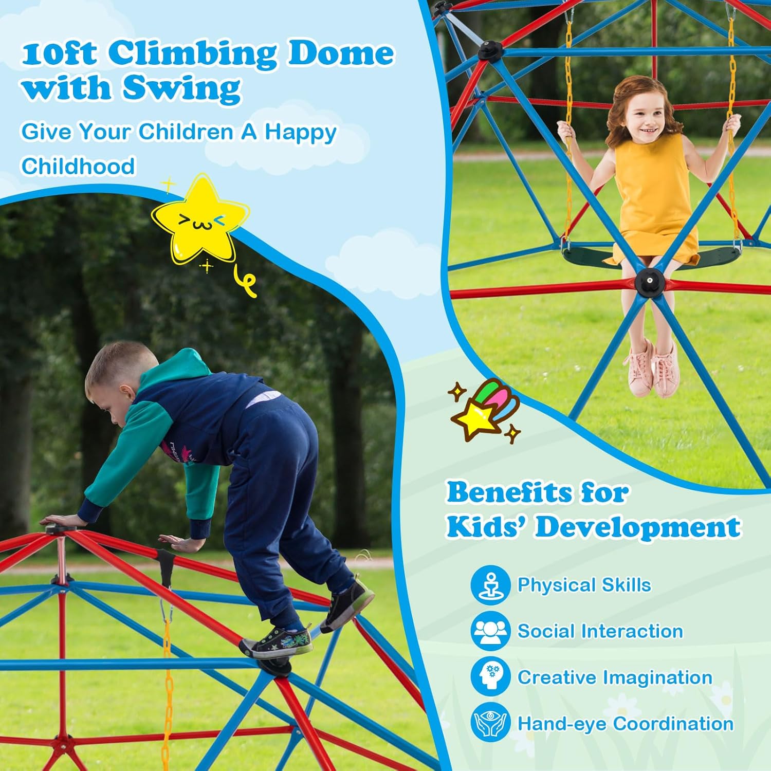 HONEY JOY Cúpula de escalada de 10 pies con columpio, barra de mono mejorada para patio trasero, juguetes de escalada al aire libre para niños