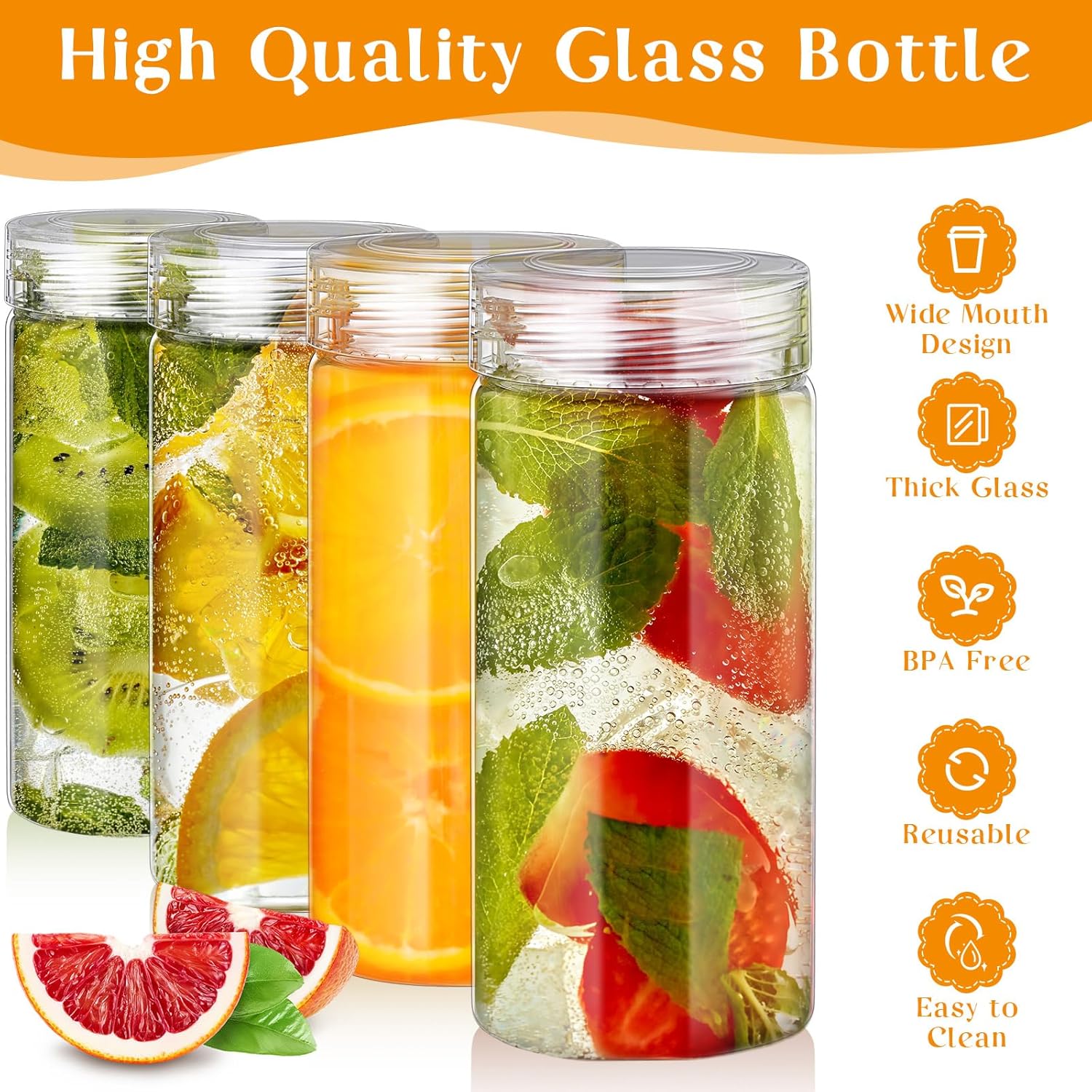 8 botellas de agua de vidrio de boca ancha con tapas, botellas de jugo reutilizables, recipientes de vidrio a prueba de fugas para líquidos, frascos