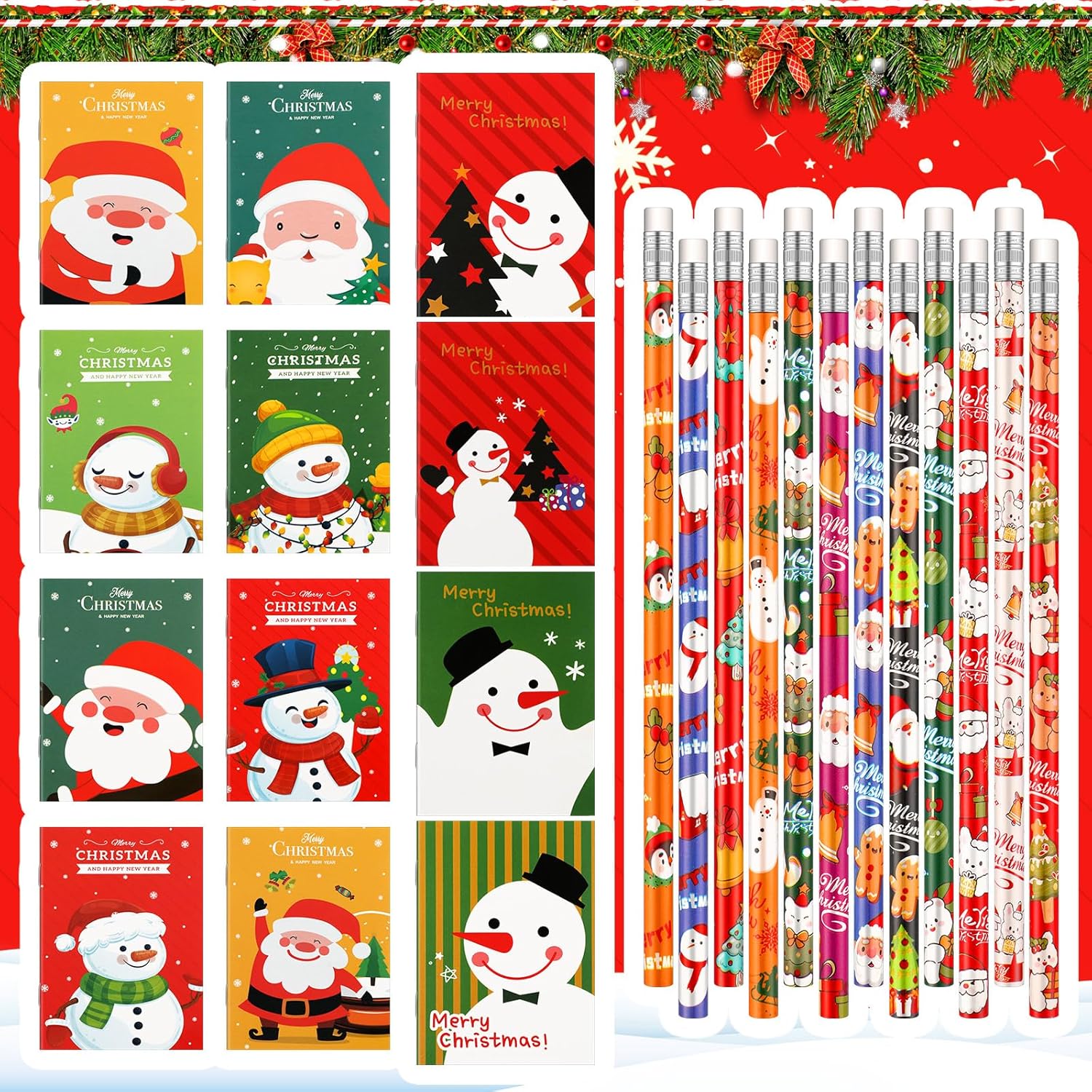 Juego de 72 cuadernos y lápices de Navidad, cuadernos pequeños y lápices de madera, recuerdos de fiesta de Navidad, rellenos de calcetines, regalos,