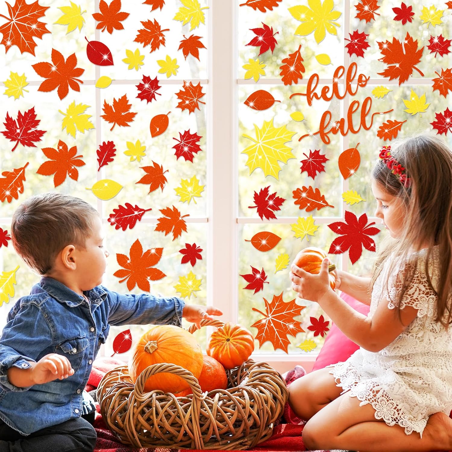 Whaline 105 calcomanías de ventana de hojas de arce con purpurina de otoño, coloridas calcomanías de ventana de doble cara para otoño, cosecha de