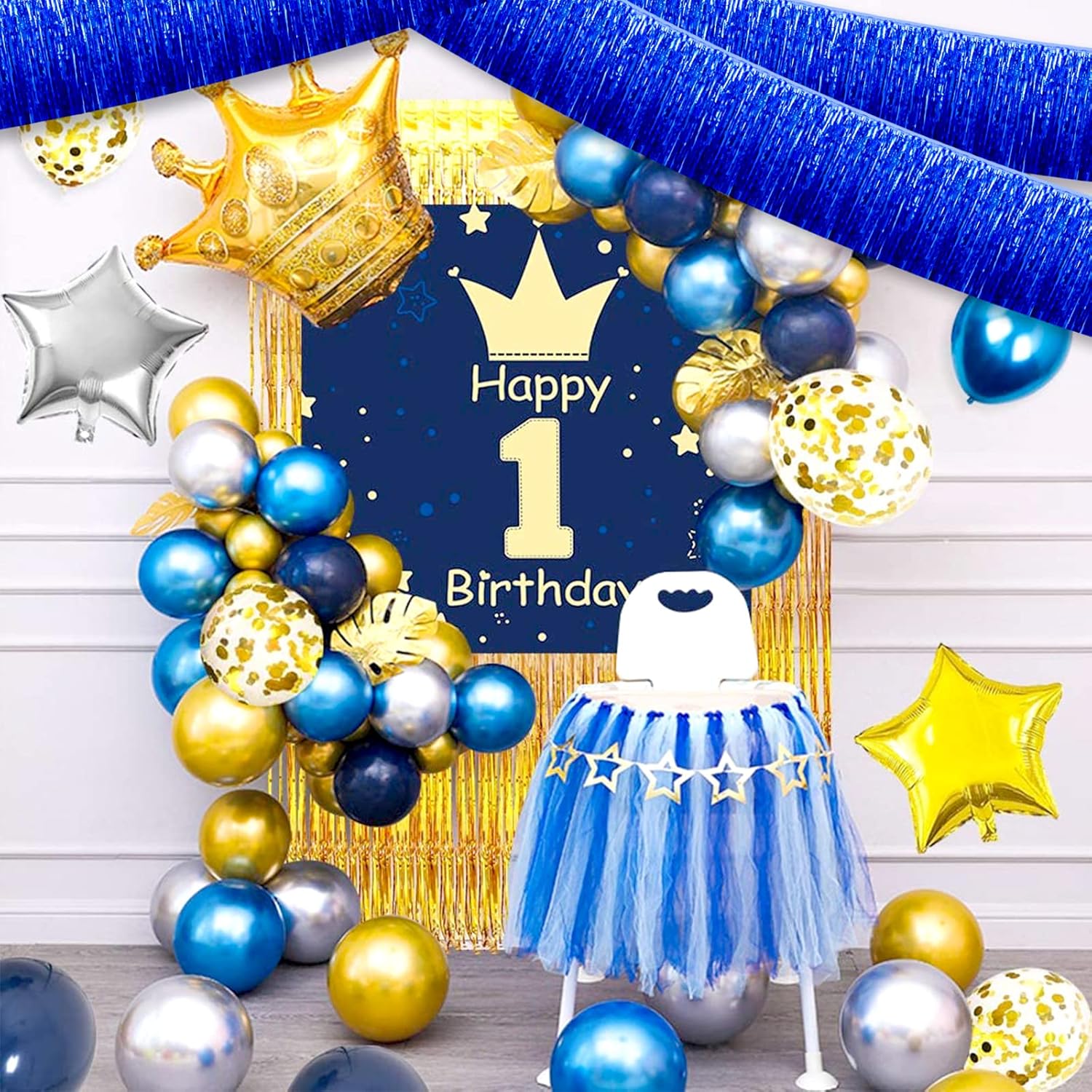 Paquete de 10 guirnaldas de flecos de papel de aluminio azul de 10 pies con borlas metálicas para colgar en la pared, telón de fondo para flotadores