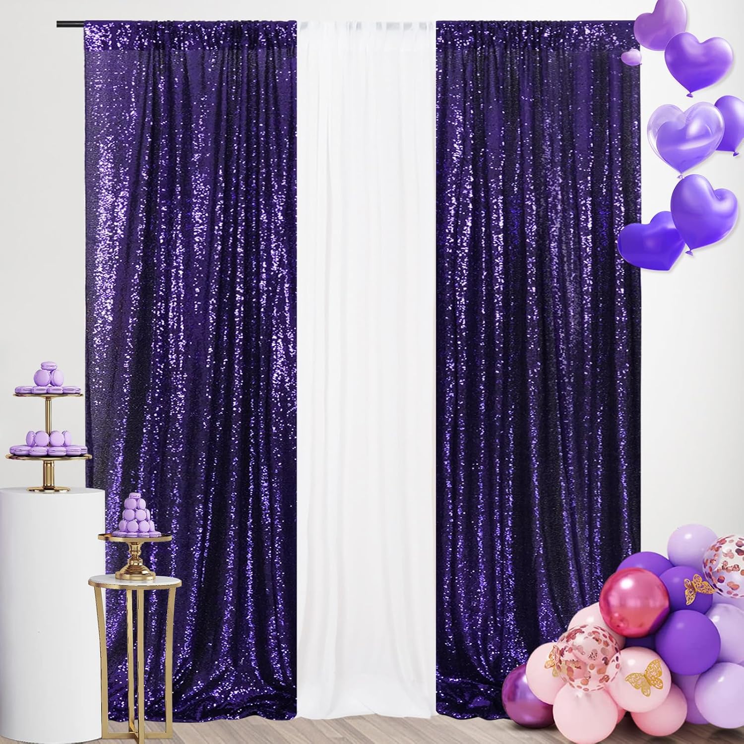 SquarePie Telón de fondo de lentejuelas de 2 x 8 pies, 2 cortinas brillantes de fondo morado para decoración de fiesta de boda de Halloween