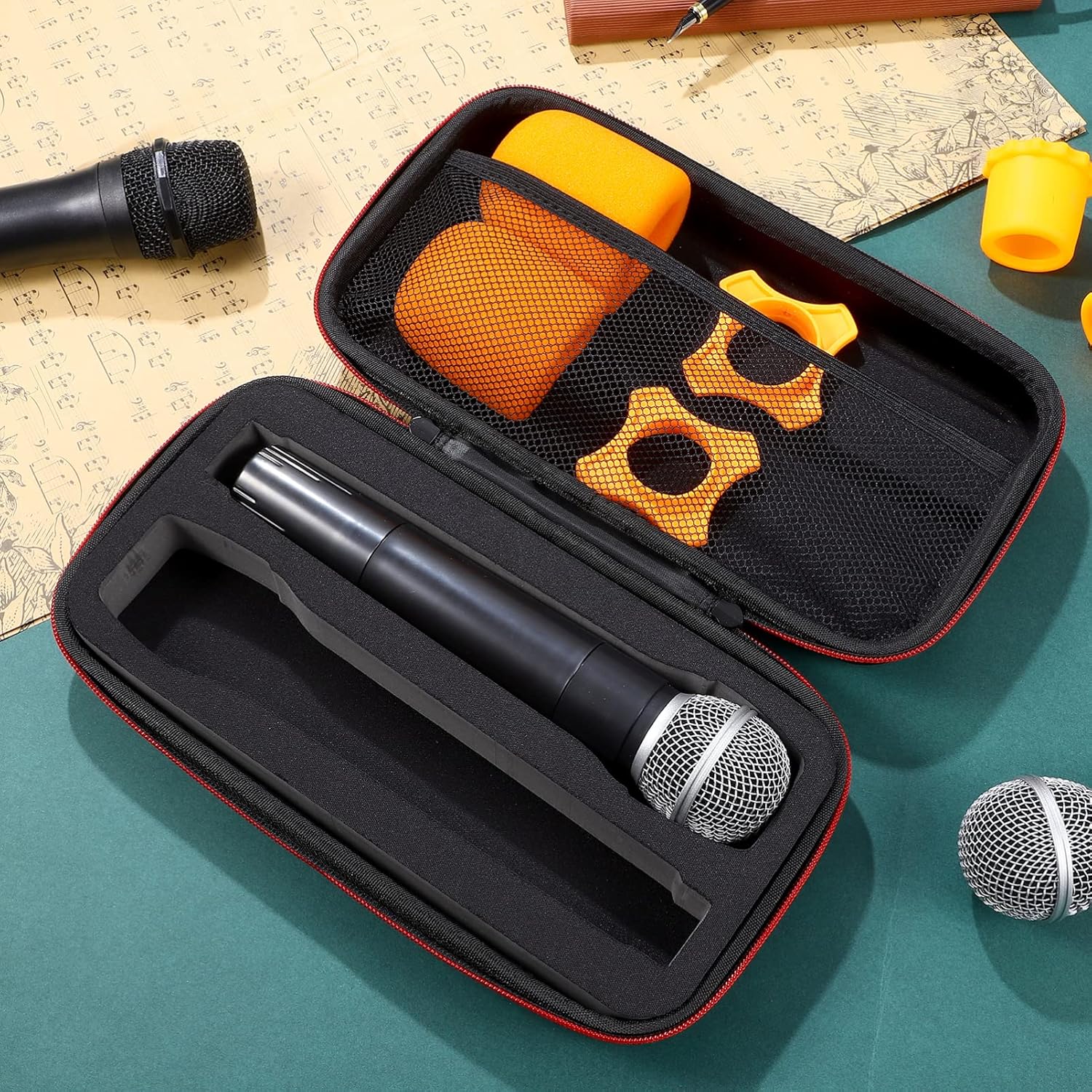 Bolsa de micrófono dual funda de micrófono de mano inalámbrica, bolsa de almacenamiento de micrófono portátil, con carcasa rígida de EVA exterior y