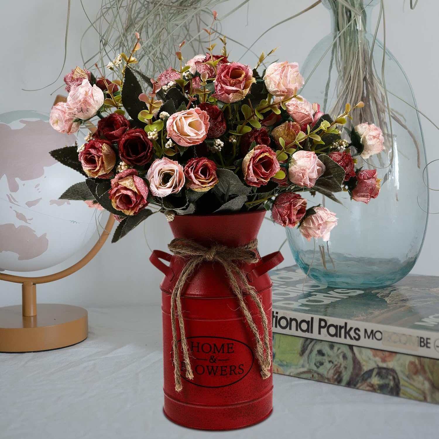 Cubo de flores de hierro con asa, maceta retro con cuerda de yute, jarrón francés vintage rojo con letra de flor para el hogar, contenedor de flores