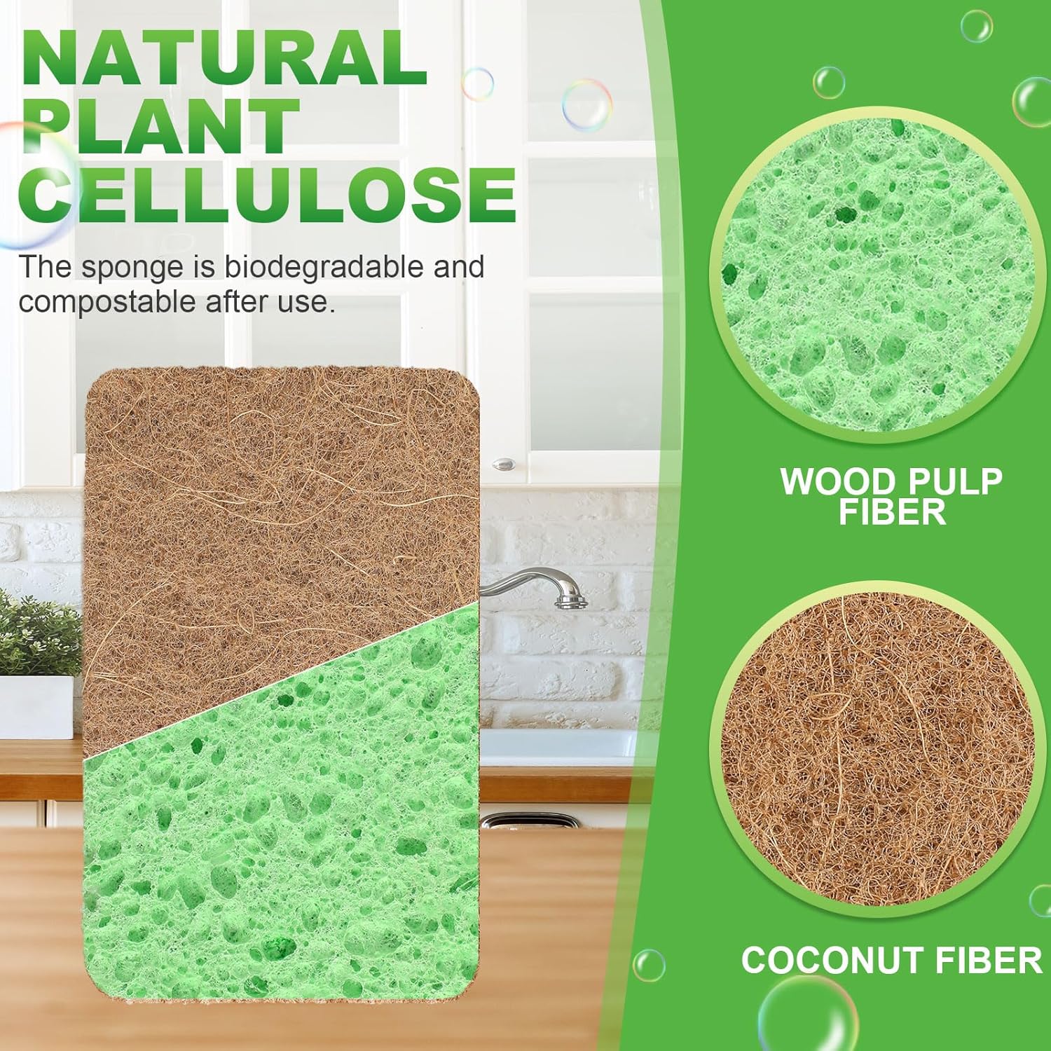 Yaomiao Paquete de 48 esponjas resistentes para lavar platos con cáscara de coco, esponja de limpieza de cocina que no raya, reutilizable, de doble