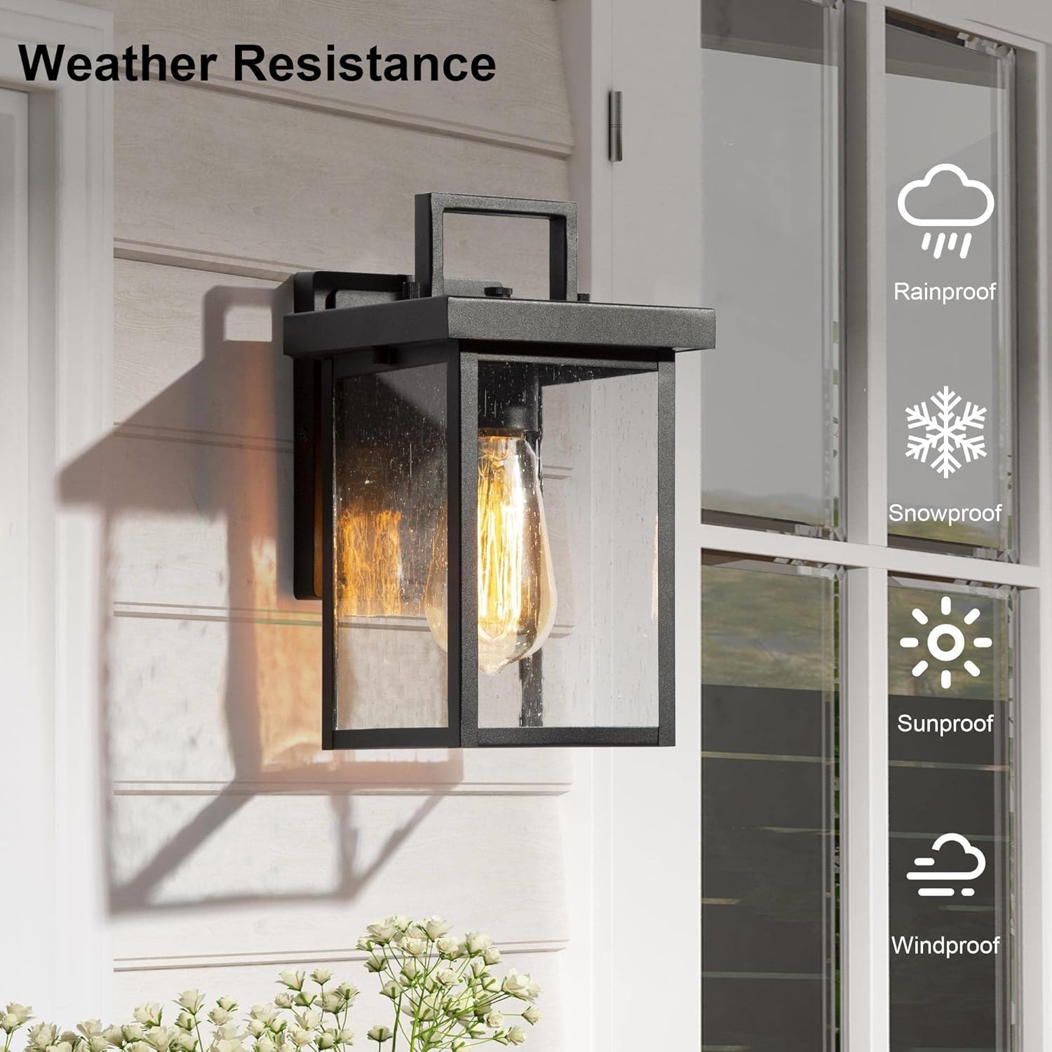 Durent Lighting Luces de pared negras para exteriores, apliques de pared exterior con vidrio semillado, faroles impermeables y antioxidantes para