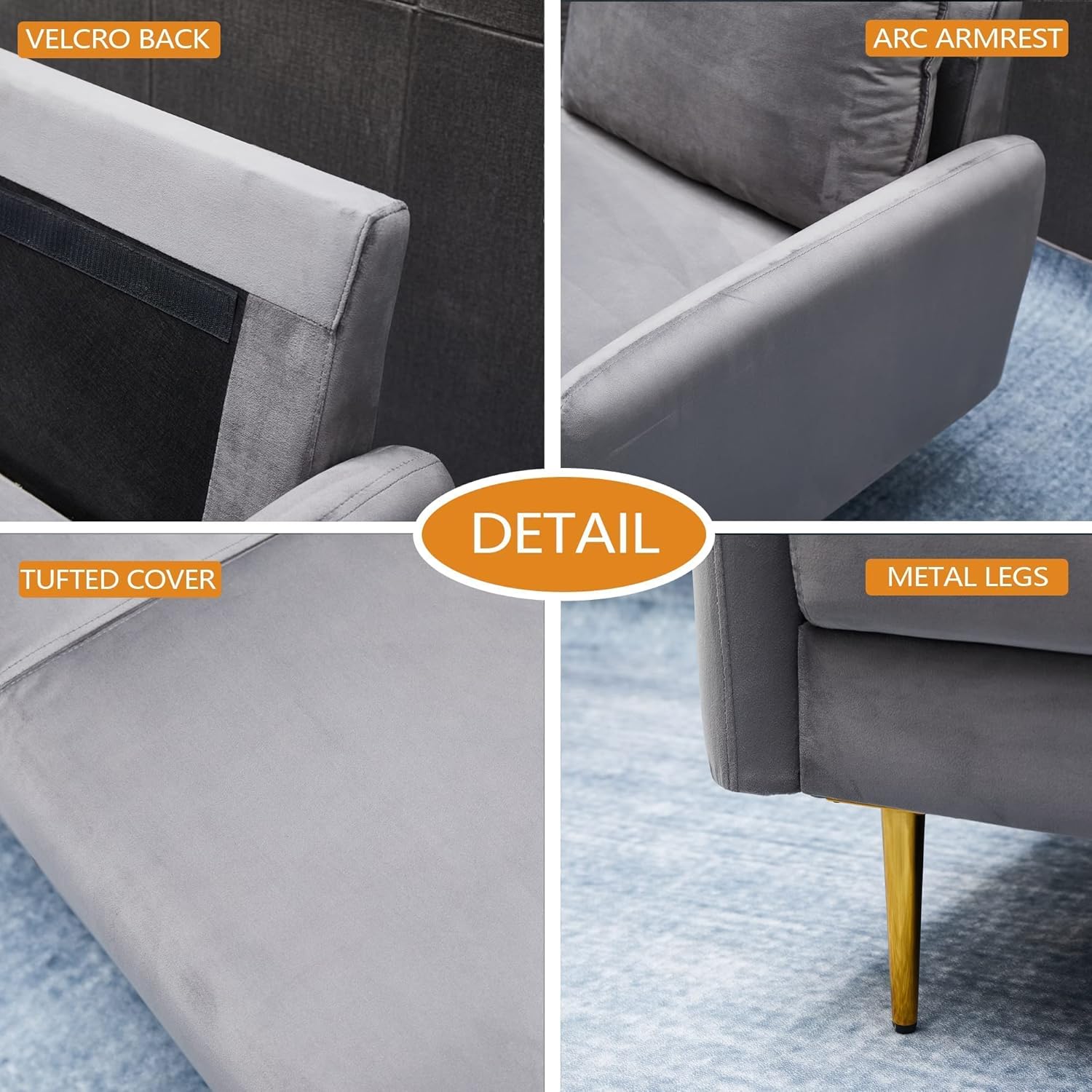 Sofá biplaza de terciopelo moderno con patas de metal para sala de estar, dormitorio, oficina, sala de juegos, color gris