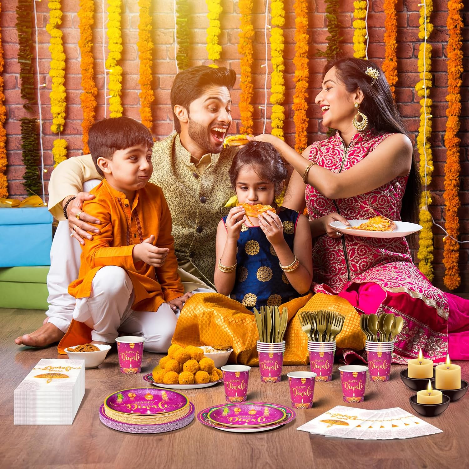 Platos y servilletas de papel Happy Diwali, decoraciones de suministros de fiesta de Diwali, platos de papel desechables para el festival de luces