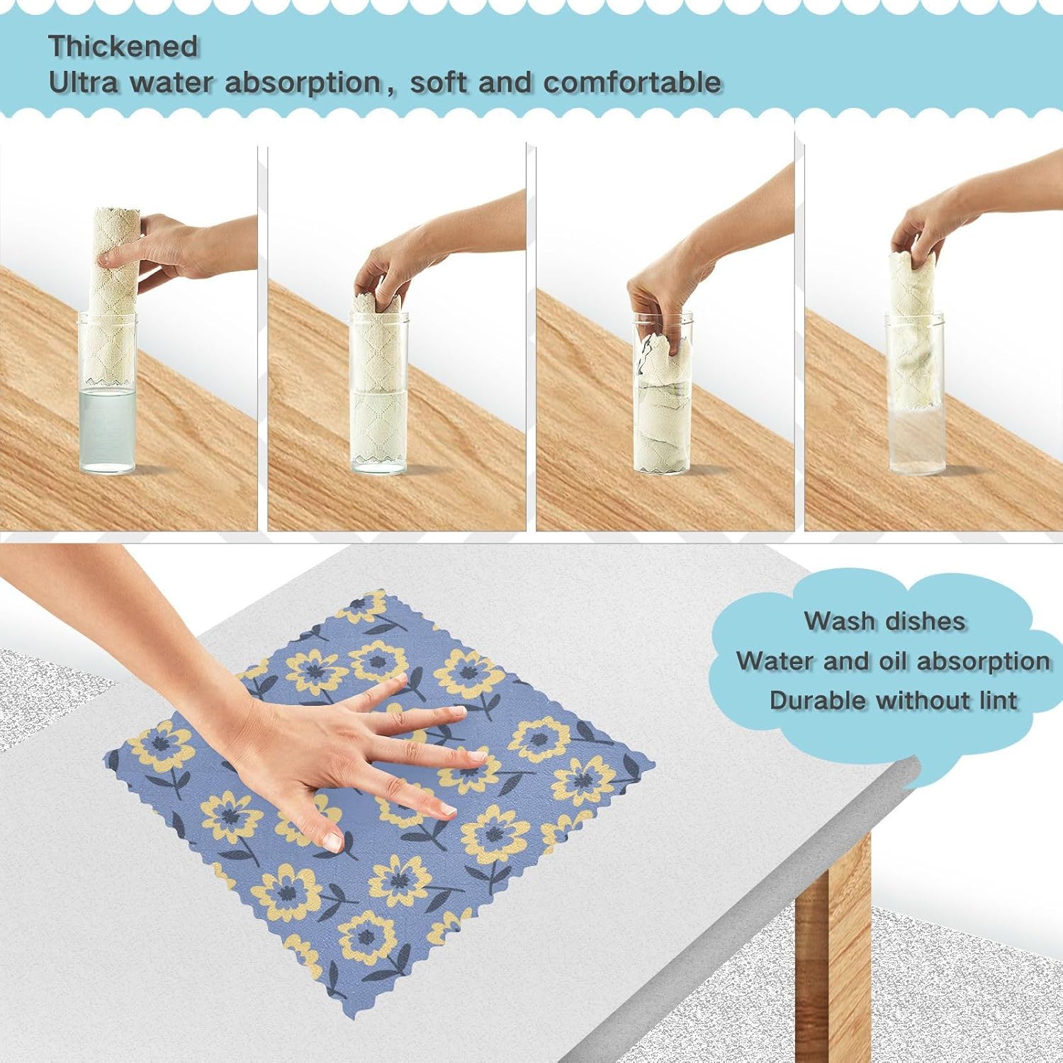 Retro Yellow Blue Flower Doodle Soft Decorative Microfiber Towel for Kitchen Quick Dry 6 Pack Dish Tea Towels for Countertop Oven