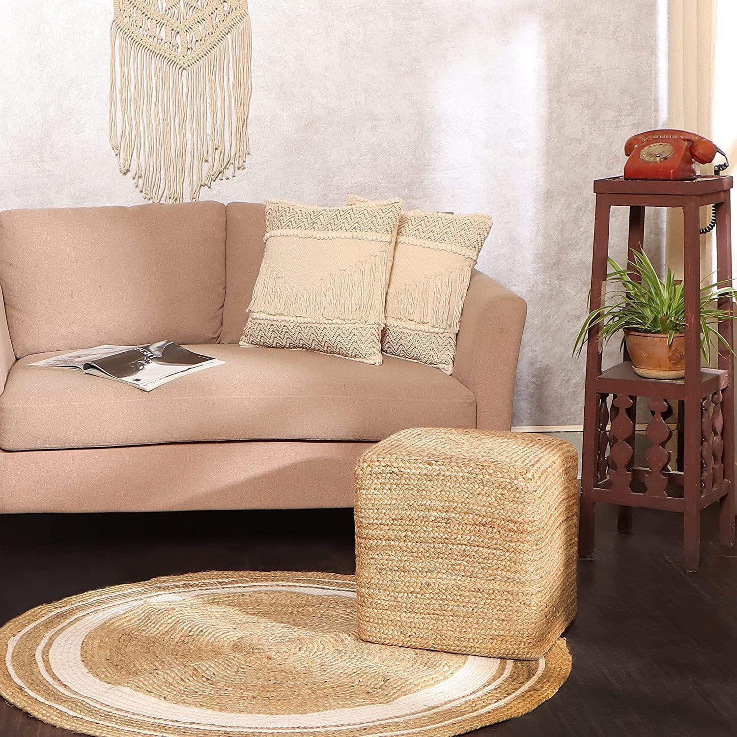 REDEARTH  Taburete otomano de puf cubo, puf trenzado de yute para sentarse, juego de 2 reposapiés para la sala de estar, dormitorio, guardería,