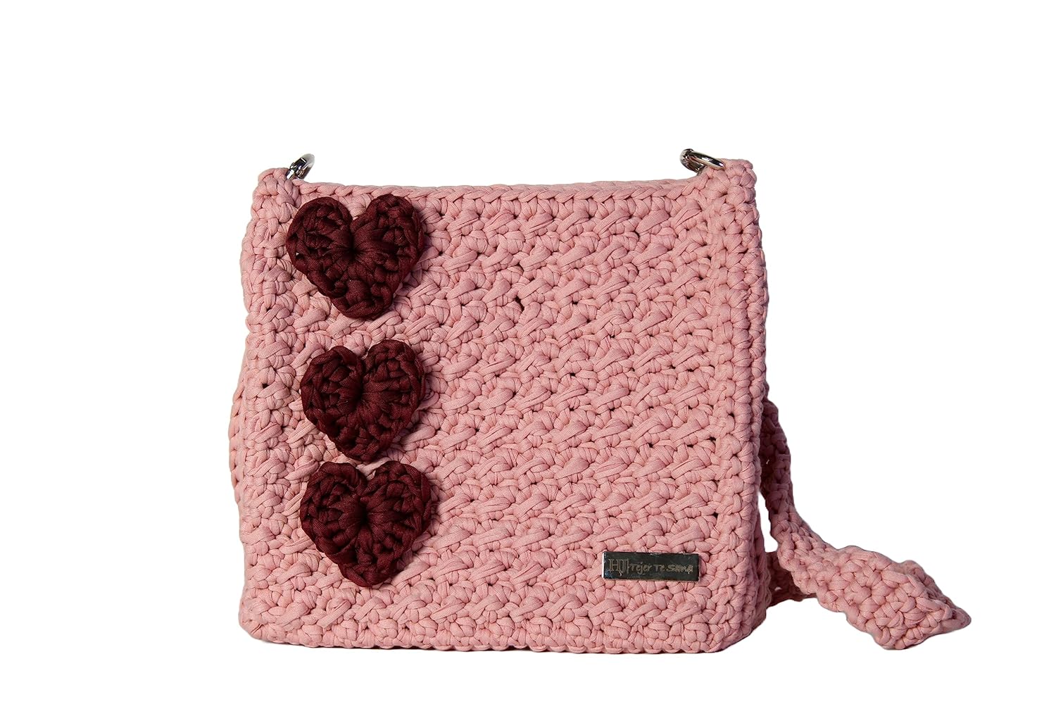 HERNANDO JOSA Yóllotl – Bolso cruzado a mano para mujer, bolso con corazones, hecho a mano, de algodón (Palo de rosa claro)