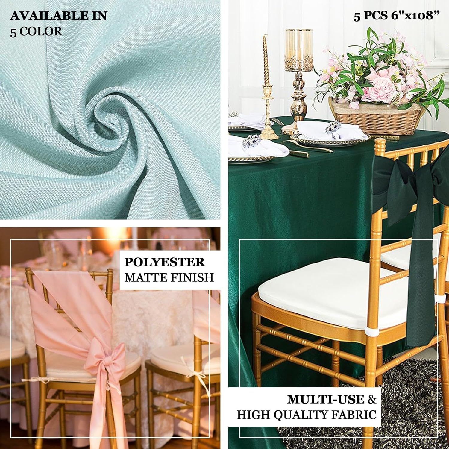 Efavormart – 5 cintas para sillas de poliéster, color verde azulado, pavo real, lazos para decoración de eventos de boda, decoración de silla, arco