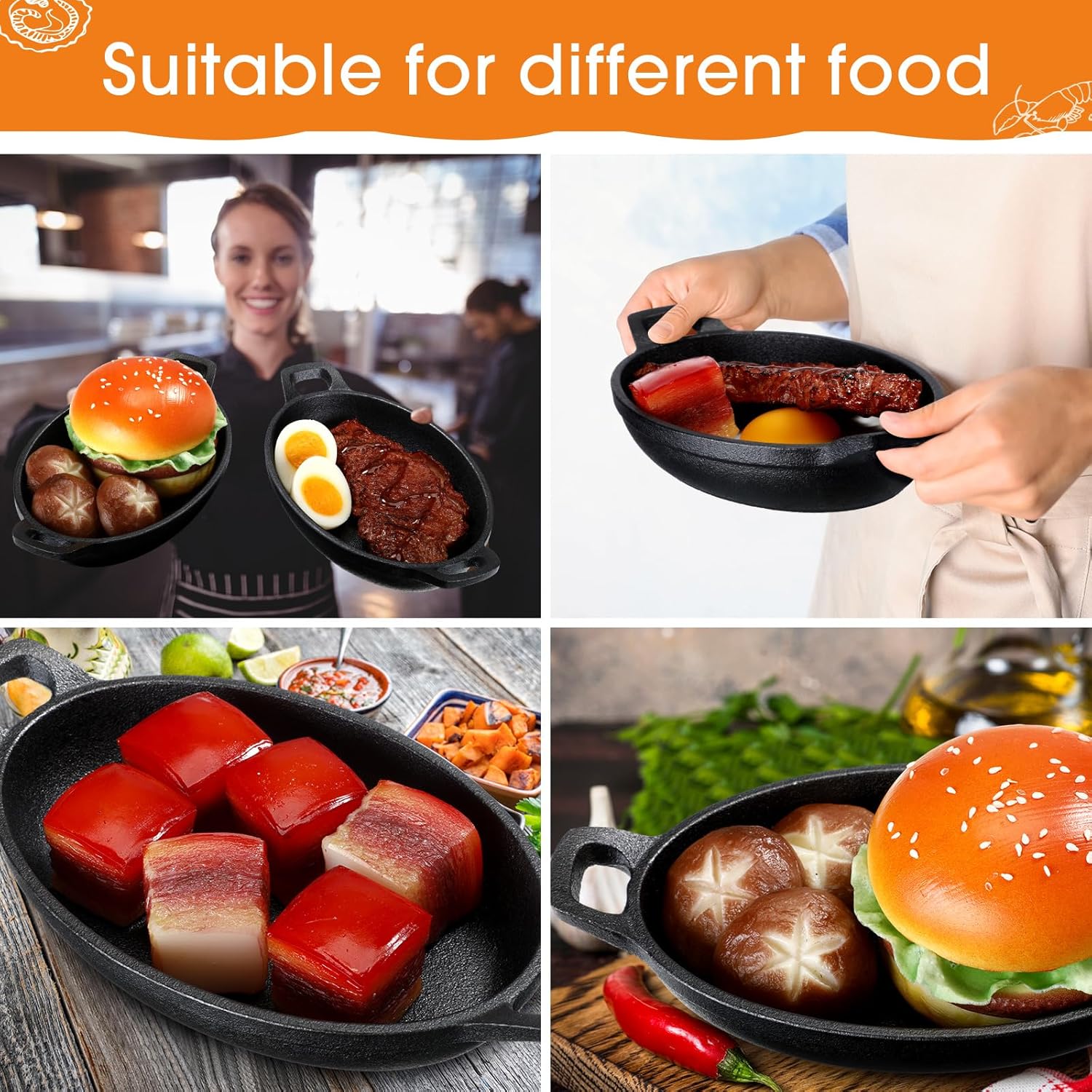 Mifoci 8 piezas de 16 oz 8.7 x 4.7 pulgadas – Mini sartén ovalada de hierro fundido para hornear, placa chisporroteante negro mate, utensilios de