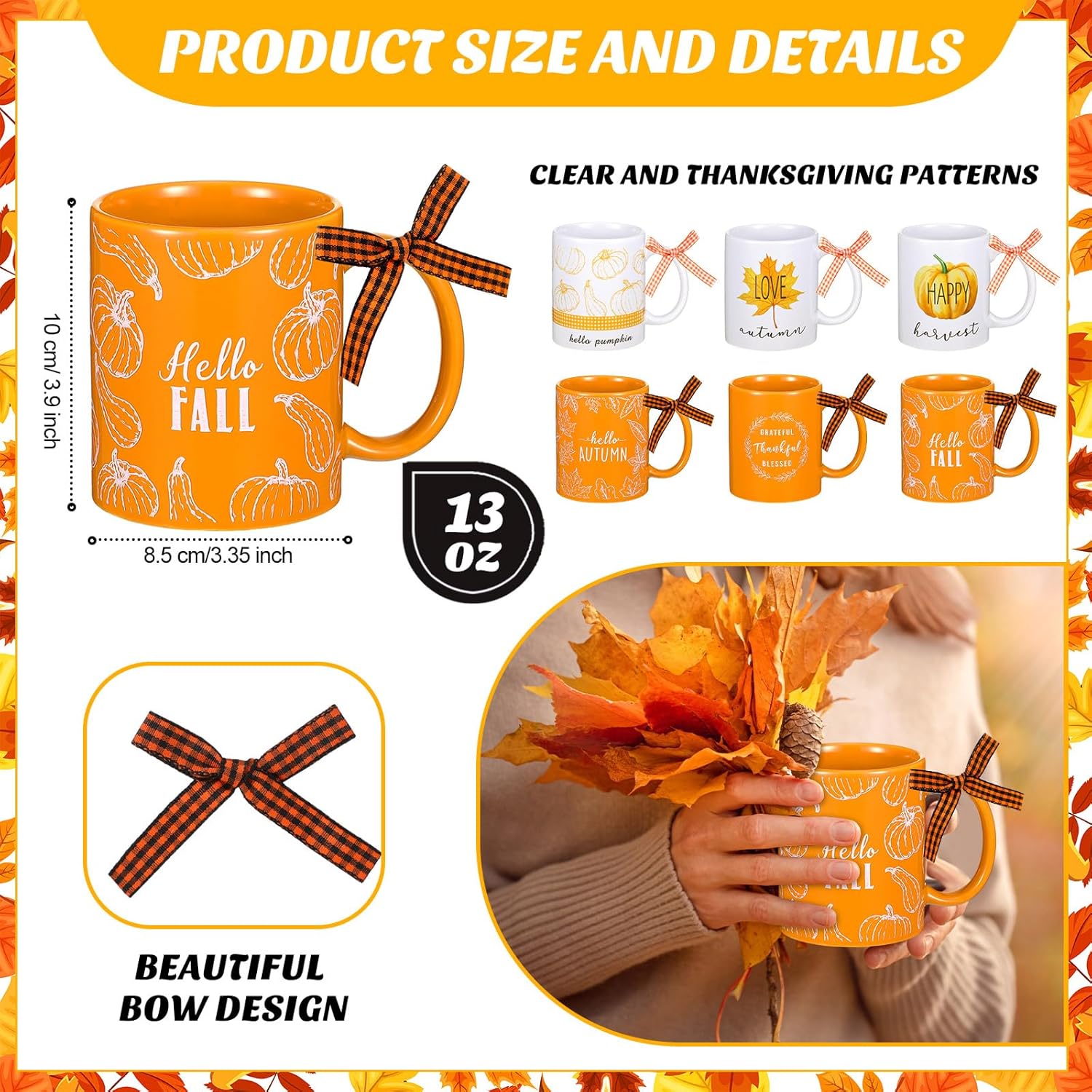 Juego de 6 tazas de café de 11 onzas para Acción de Gracias, regalos de otoño, tazas de café de cerámica, diseño de hojas de arce, decoración de