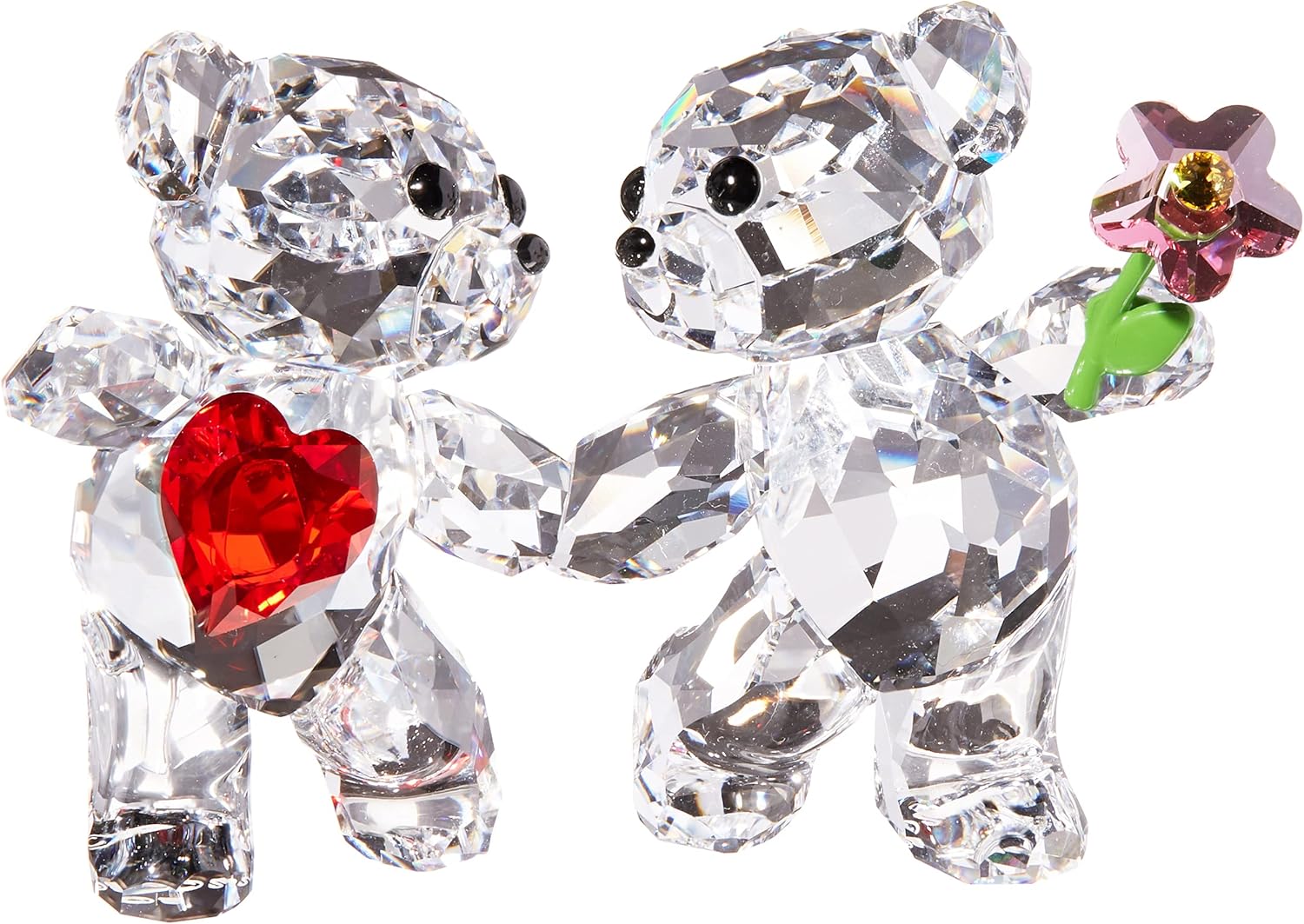 SWAROVSKI Kris Bears Happy Together – Juego de figuras de cristal Swarovski transparente con un corazón rojo y acento de flor rosa, parte de la