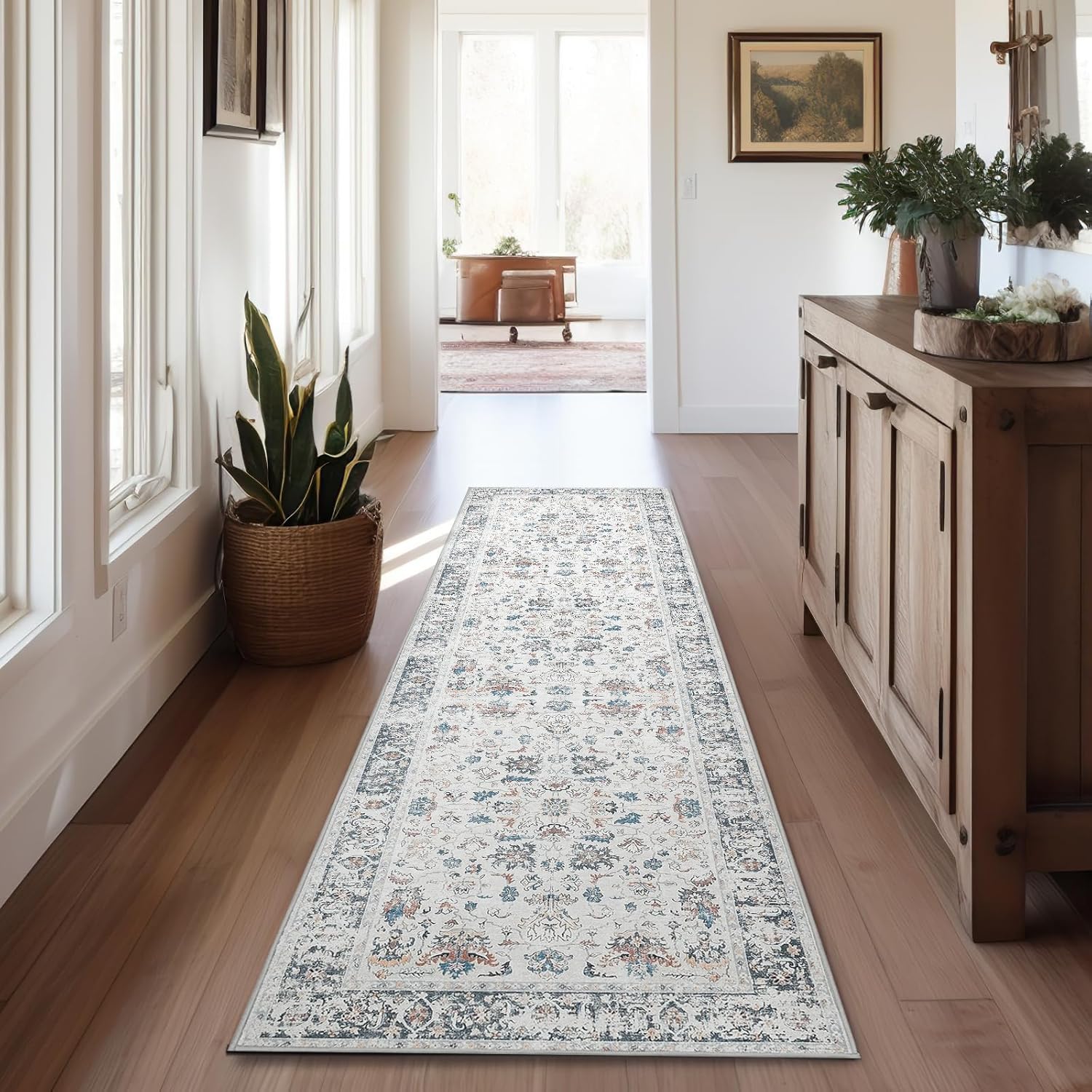 jinchan Alfombra de pasillo lavable de 2 x 5 pies, estilo bohemio, vintage, floral, pelo bajo, delgada, antideslizante, no desprende pelo, para