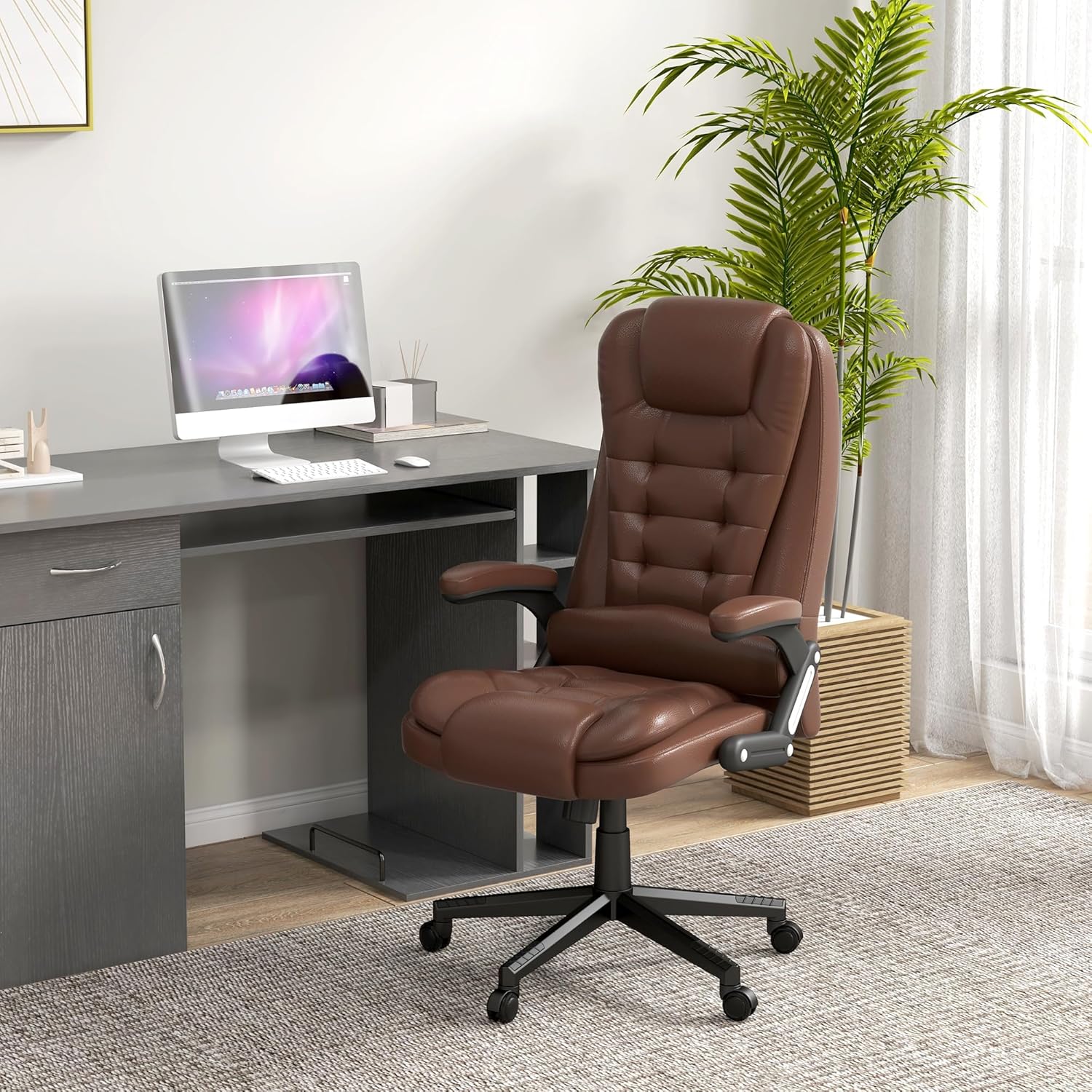 HOMCOM Silla de oficina de masaje con vibración de respaldo alto con 6 puntos de vibración, silla de computadora reclinable con calefacción de piel