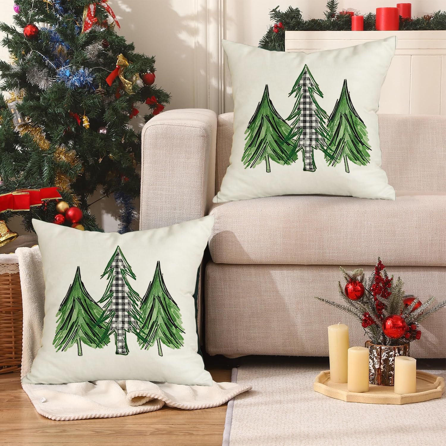 RABUSOFA Fundas de cojín con diseño de árbol de Navidad en acuarela de 18 x 18 pulgadas, fundas de cojín decorativas de invierno a cuadros, fundas