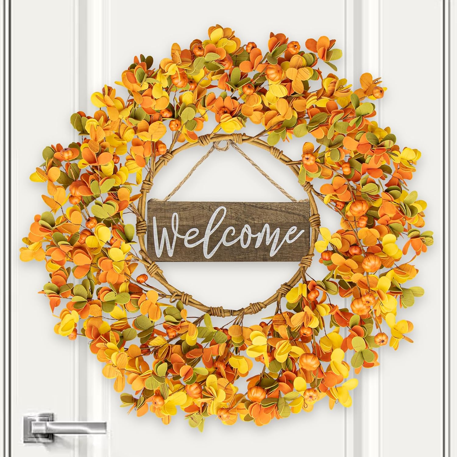 Yawwind Corona artificial de otoño de 20 pulgadas, corona de otoño para puerta delantera, corona de eucalipto con letrero de bienvenida para