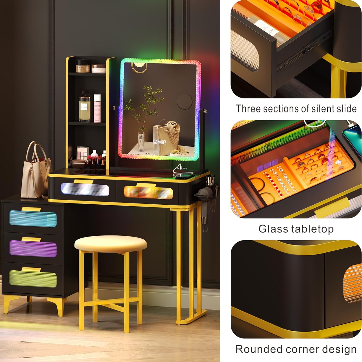 Escritorio de tocador con espejo y luces, mesa de tocador de cristal RGB para maquillaje con estación de carga inalámbrica, tocador para niñas y
