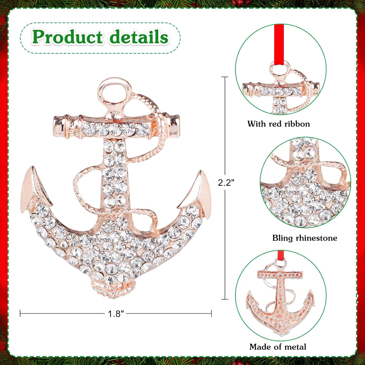 WaaHome Ancla de metal, adornos náuticos de Navidad, ancla azul marino, adornos de árbol de Navidad, adornos de Navidad de ancla costera, regalos
