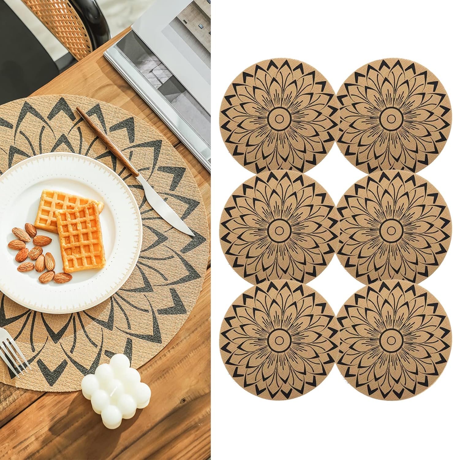 Juego de 6 manteles individuales redondos de PVC bohemios para mesa de comedor, mandala, lavables, resistentes al calor, manteles individuales de