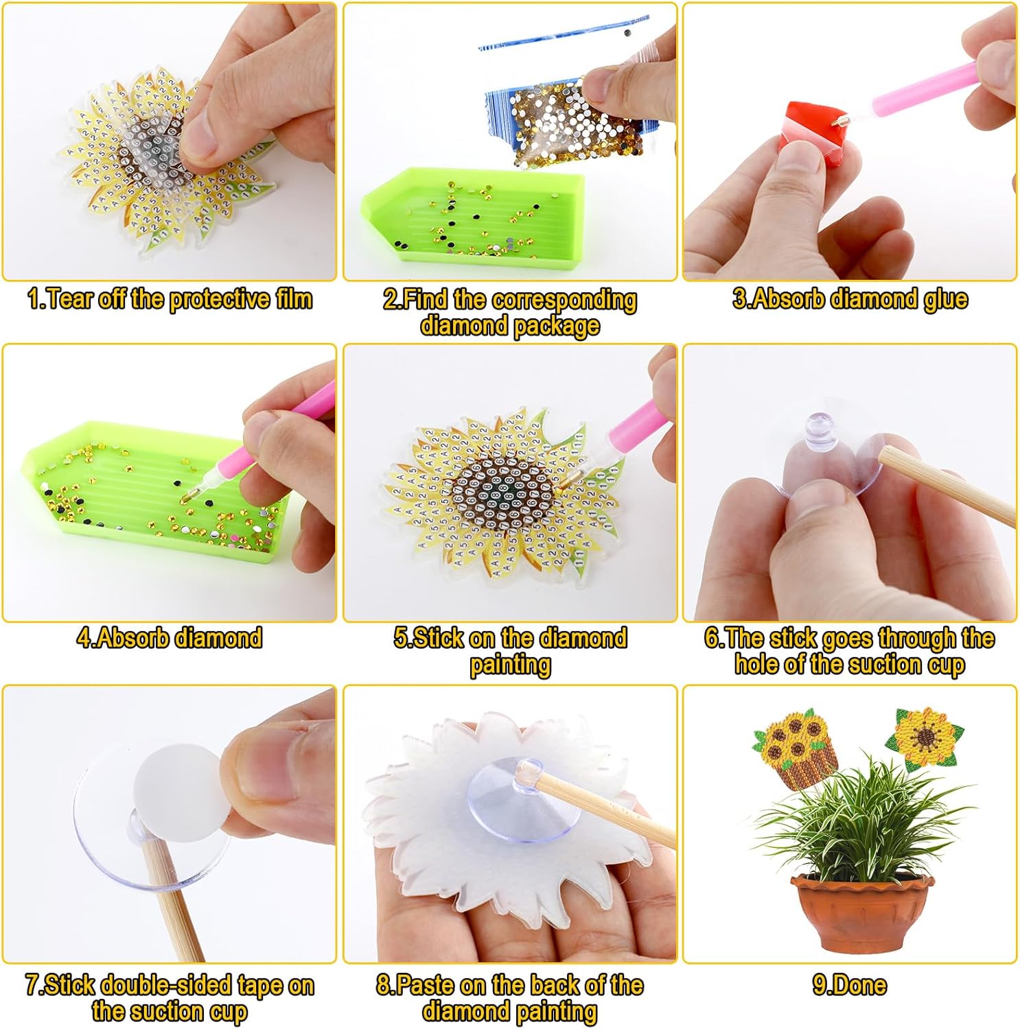 Huwena 12 piezas de pintura de diamante de girasol para decoración de jardín, estacas de pintura de diamante, flores, estacas de jardín, estacas de