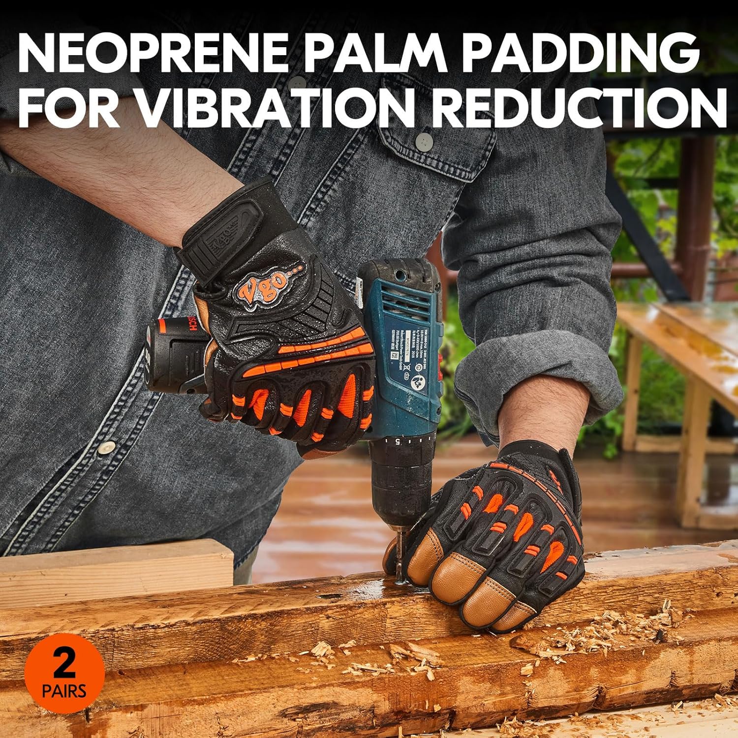Vgo… Guantes de trabajo resistentes para hombre, piel de cabra, repelente al agua, guantes de rigger, antivibración, pantalla táctil (2 pares, M,