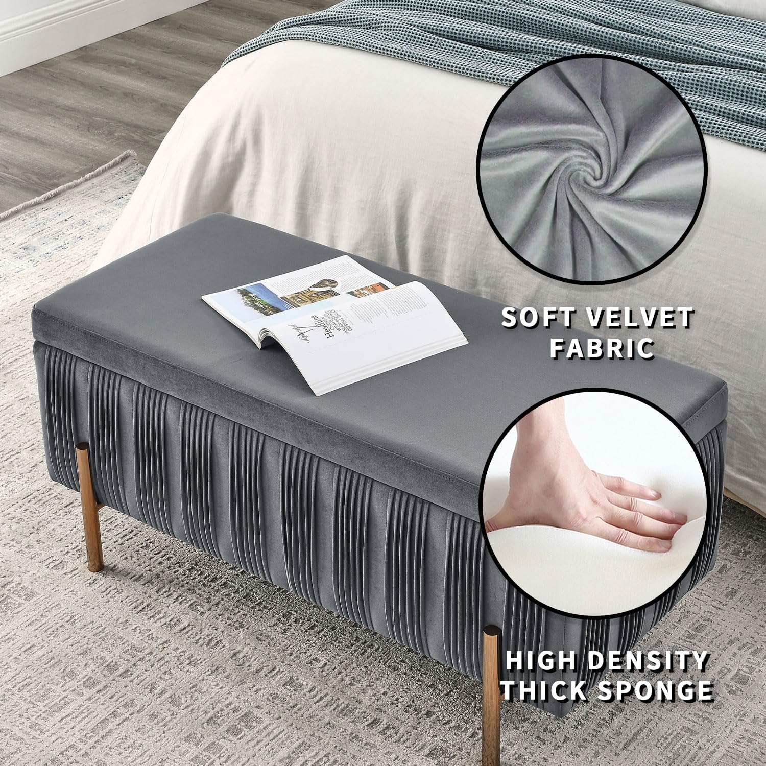 Banco de almacenamiento de terciopelo, moderno banco tapizado para interiores con patas de metal, banco otomano para sala de estar, dormitorio,