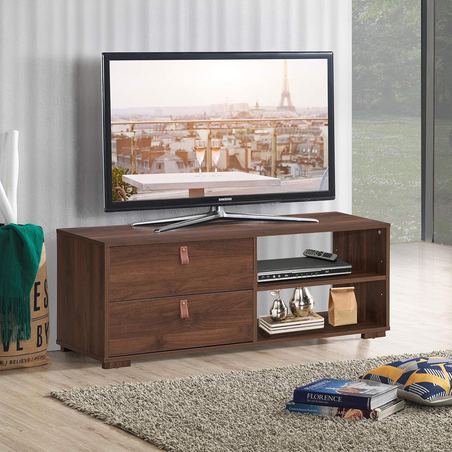 Tangkula Soporte de TV industrial para televisores de hasta 55 pulgadas, mesa consola multimedia con 2 cajones, centro de entretenimiento multiusos