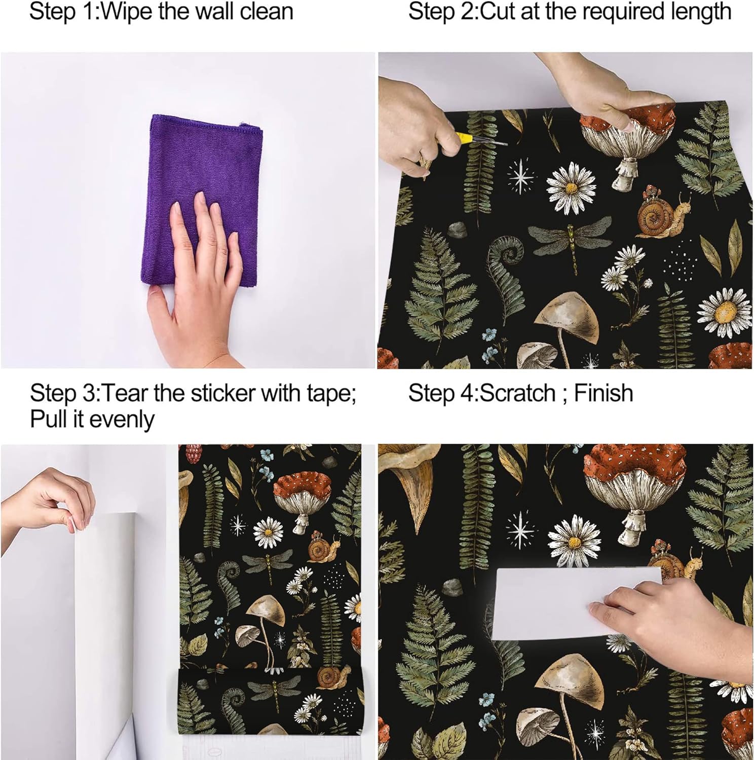 UniGoos Papel tapiz de helecho con caracoles y champiñones, vinilo retro, autoadhesivo, papel de pared temporal, fondo negro, papel de contacto
