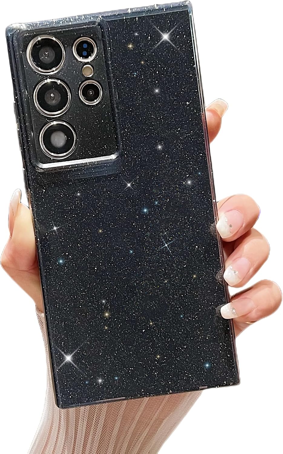 Funda para Samsung Galaxy S23 Ultra, con purpurina negra brillante y linda para niñas y mujeres, esquinas reforzadas de TPU flexible, a prueba de