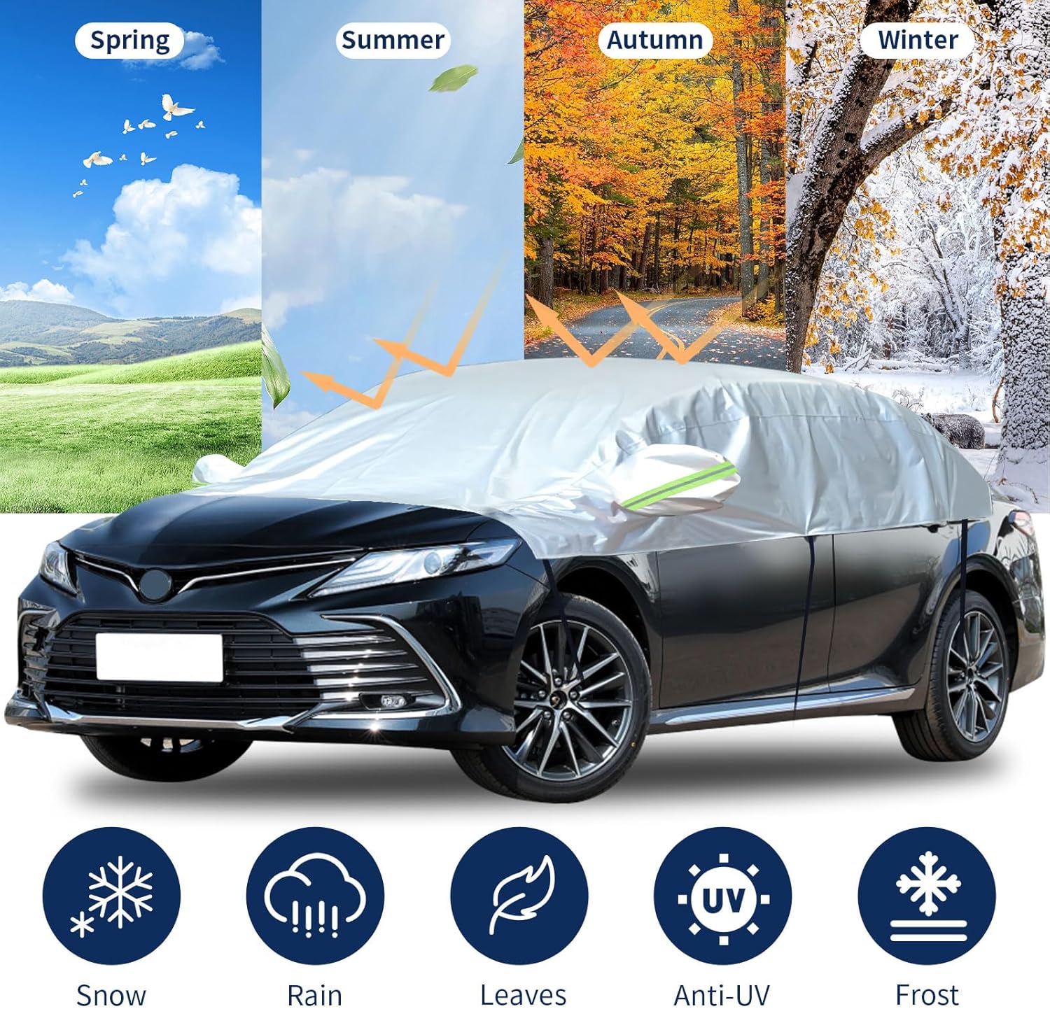 Hrozny Cubierta de nieve para automóvil, cubierta de medio automóvil, sedán, impermeable, para todo tipo de clima, cubierta de parabrisas de