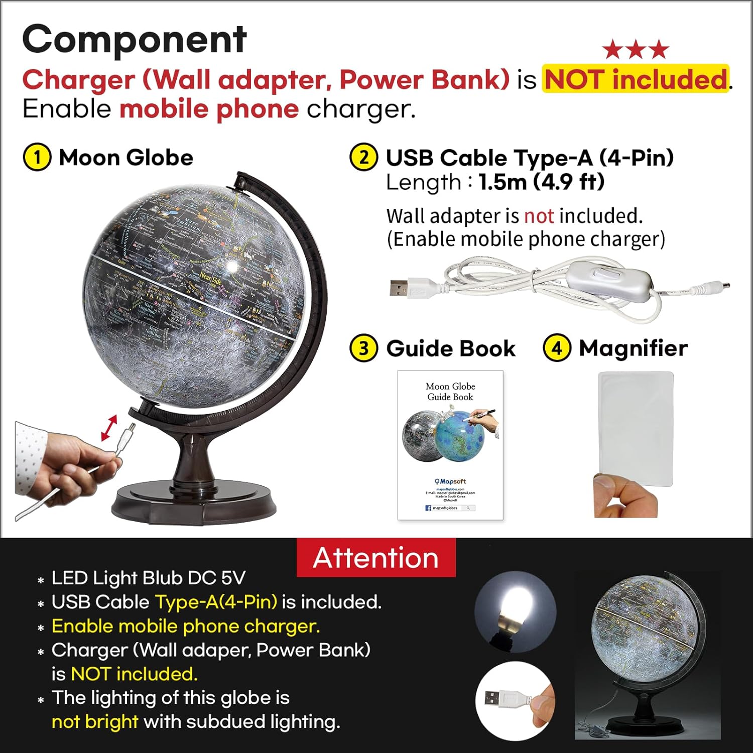 Mapsoft Prime – Globo lunar gris iluminado, 11.8 in, MI-30