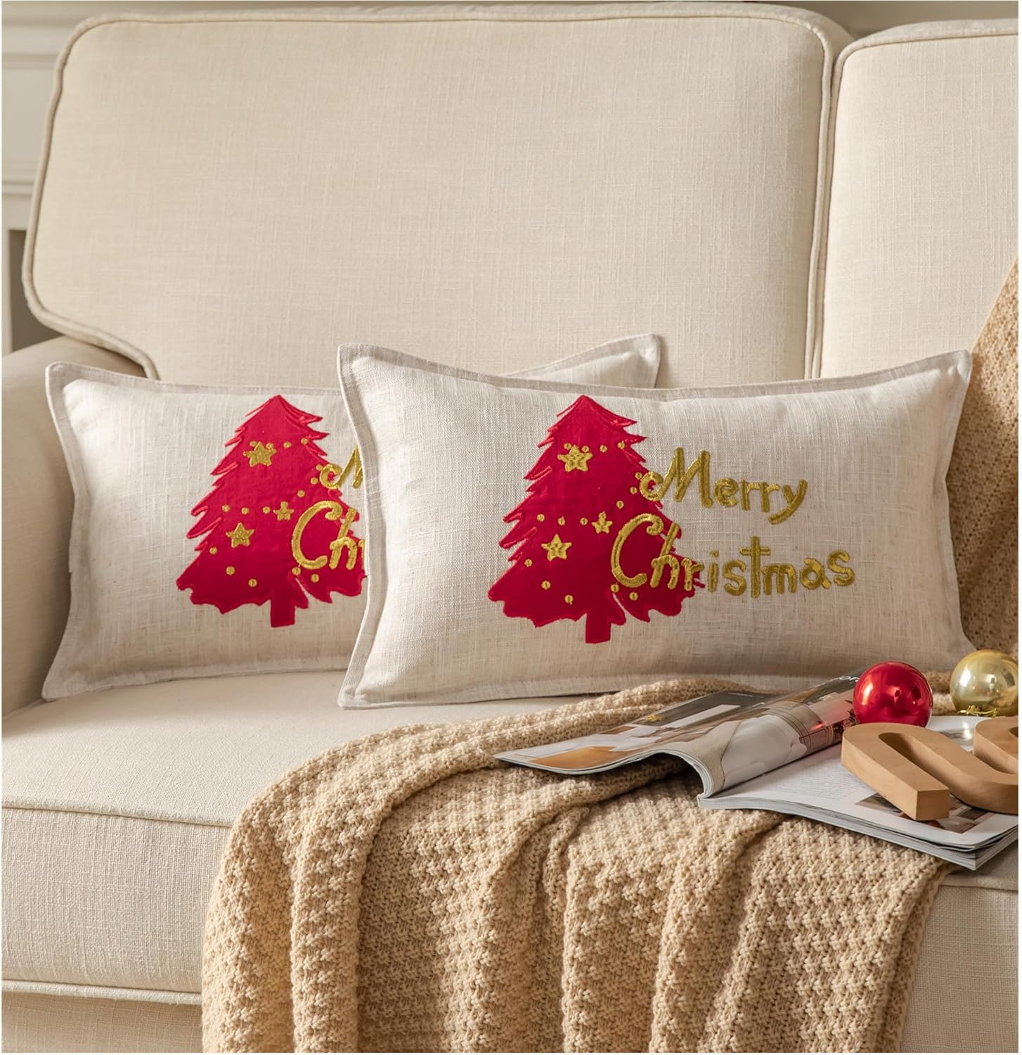 Fundas de almohada navideñas de 12 x 20 pulgadas, fundas de almohada bohemias para sofá cama, paquete de 2 fundas de cojín decorativas de lino con