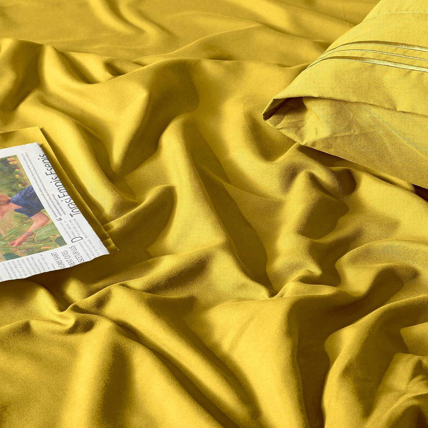 Homiest Juego de sábanas de bolsillo extra profundo, 6 piezas de sábanas suaves de color amarillo mostaza de 18 a 24 pulgadas, sábanas de microfibra
