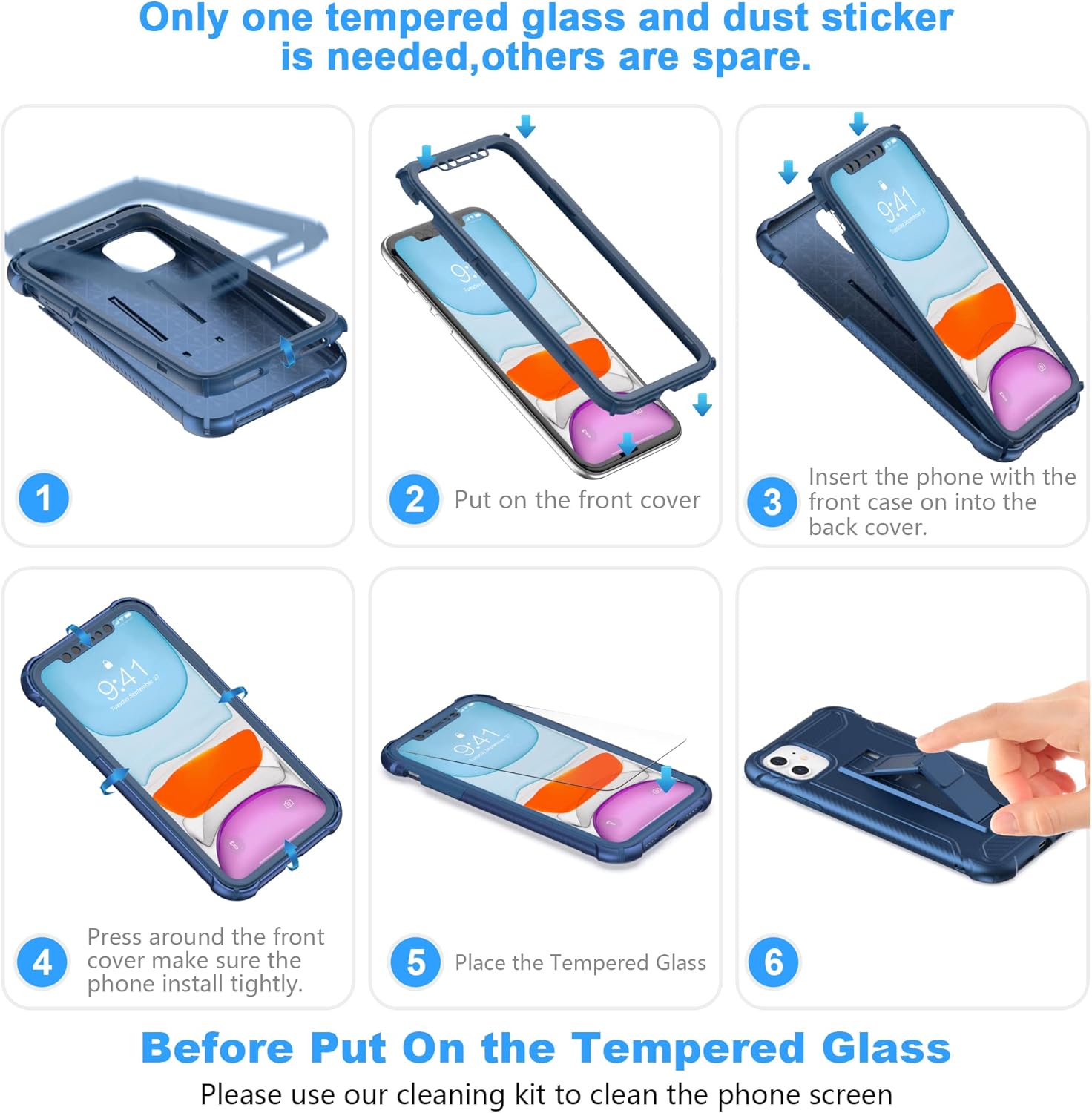 ORETech Funda diseñada para iPhone 11, con 2 protectores de pantalla de vidrio templado Soporte integrado cuerpo completo a prueba de golpes de