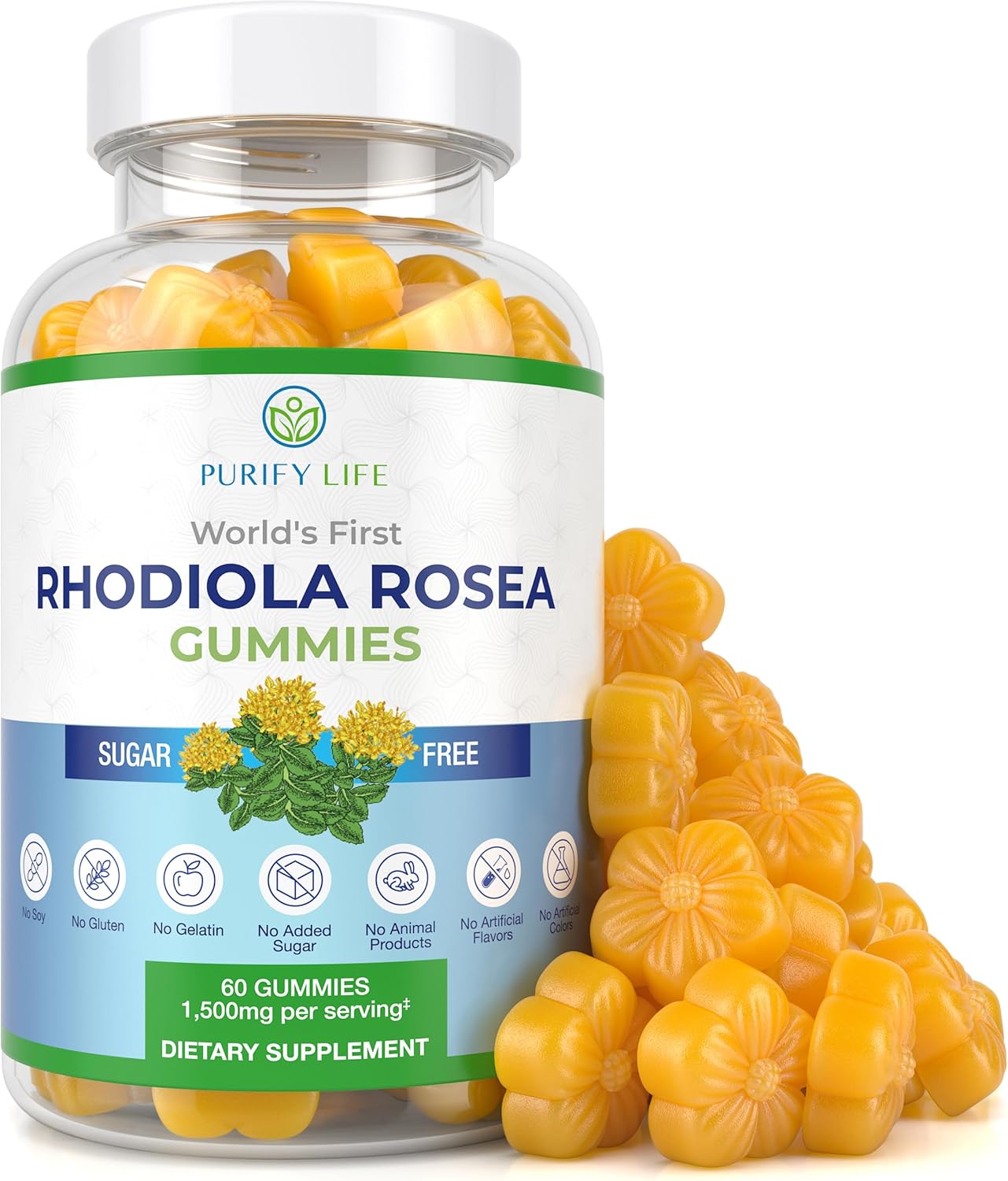 Gomitas de Rhodiola Rosea sin azúcar (1500 mgporción) Suplemento adaptogénico de Rhodiola Rosea y bloqueador de cortisol para rendimiento,