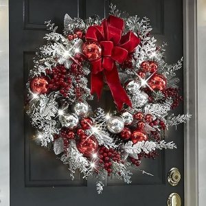 Corona navideña roja y blanca para puerta delantera, guirnalda de Navidad inalámbrica para colgar en la pared, decoración de interiores y exteriores Corona navideña roja y blanca para puerta delantera, guirnalda de Navidad inalámbrica para colgar en la pared, decoración de interiores y exteriores