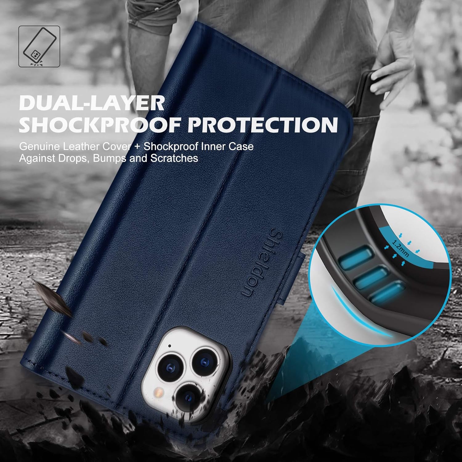 SHIELDON Funda para iPhone 12 Pro Max, funda de piel auténtica tipo cartera magnética a prueba de golpes, soporte para tarjetas RFID, compatible con