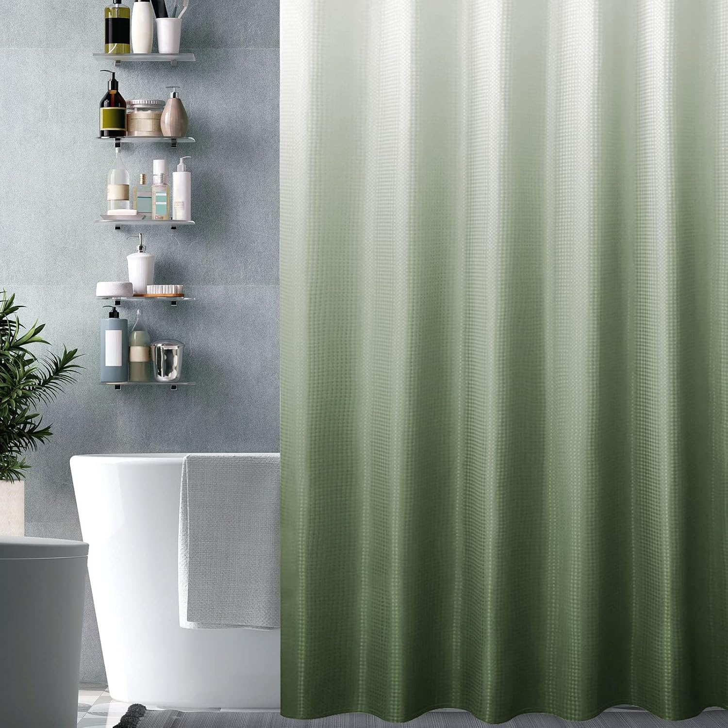 Gibelle Cortina de ducha verde salvia, cortinas de ducha degradadas para baño, juego de cortina de ducha de tela texturizada de tejido gofre con
