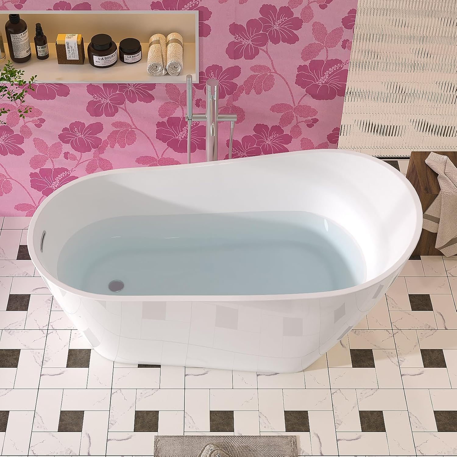 Bañera de acrílico independiente de 59 pulgadas con desbordamiento y drenaje cromados, color blanco, certificado por cUPC