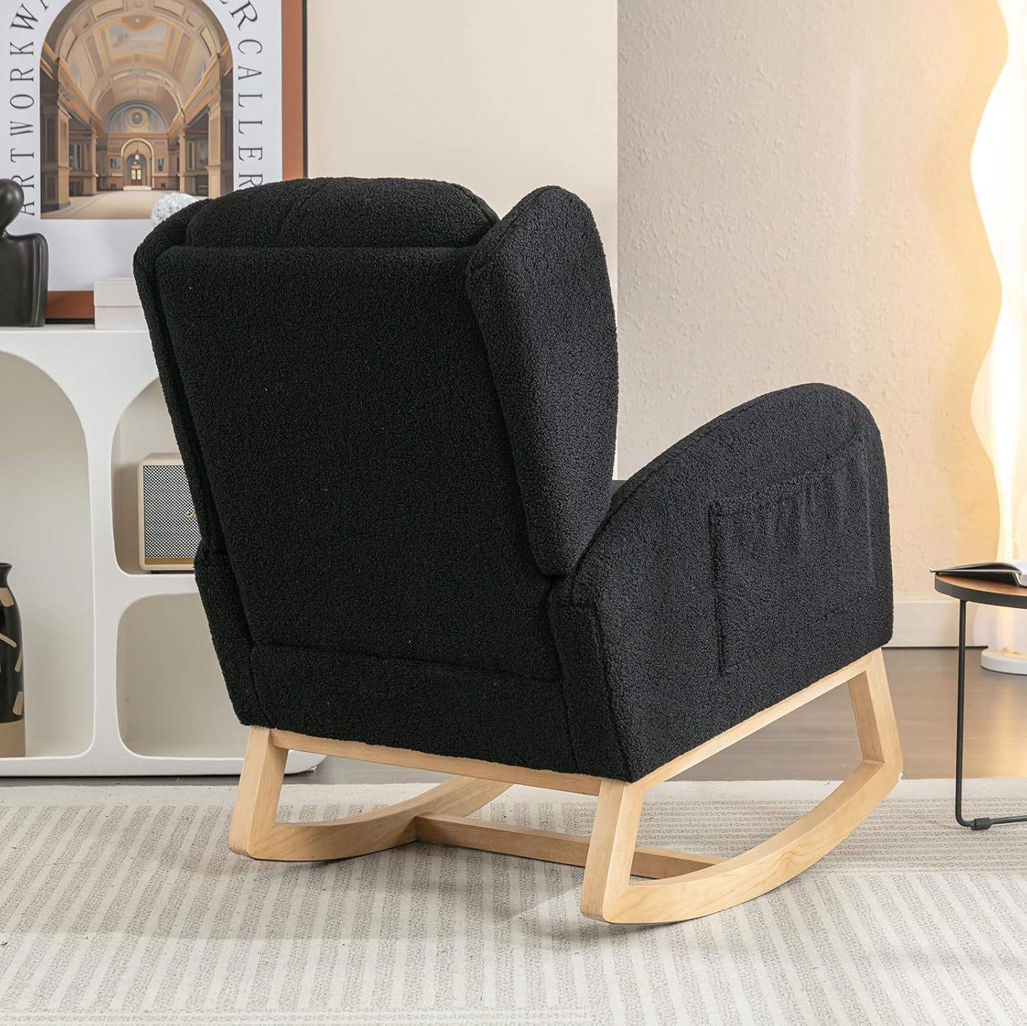 Mecedora de peluche para guardería, silla mecedora tapizada con bolsillo, silla moderna con respaldo de ala, cómoda silla de lectura con patas de