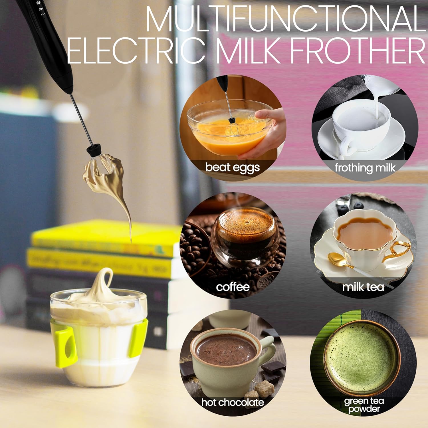 Espumador de leche de mano USB-C recargable mezclador de espuma de bebida eléctrico con 2 cabezales, 1 soporte, 3 velocidades ajustables, mini