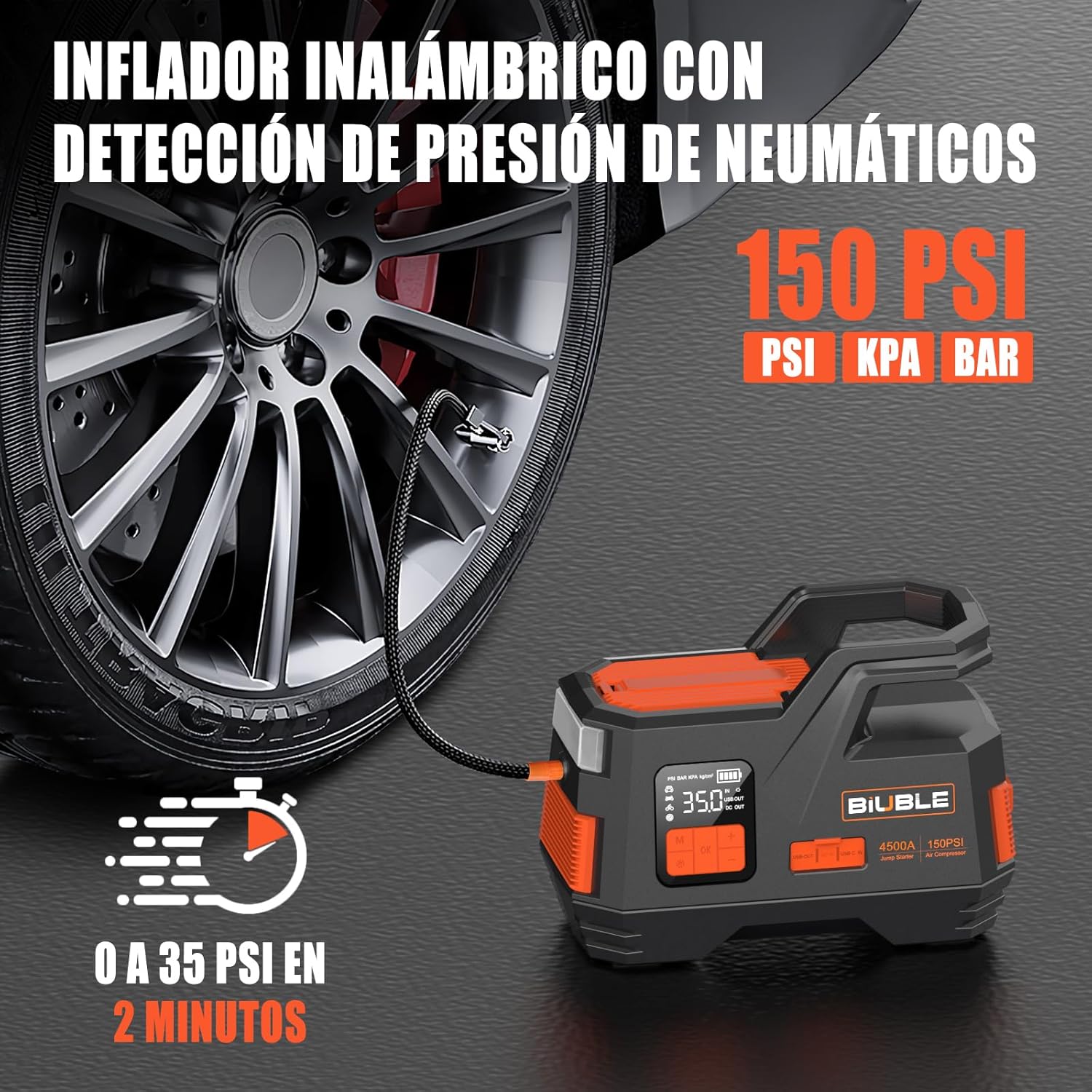 Arrancador de coche con compresor de aire, BIUBLE Jump Starter 4500A 150PSI Inflador para hasta todo el gasolina o motor diésel de 10.0L 12V batería