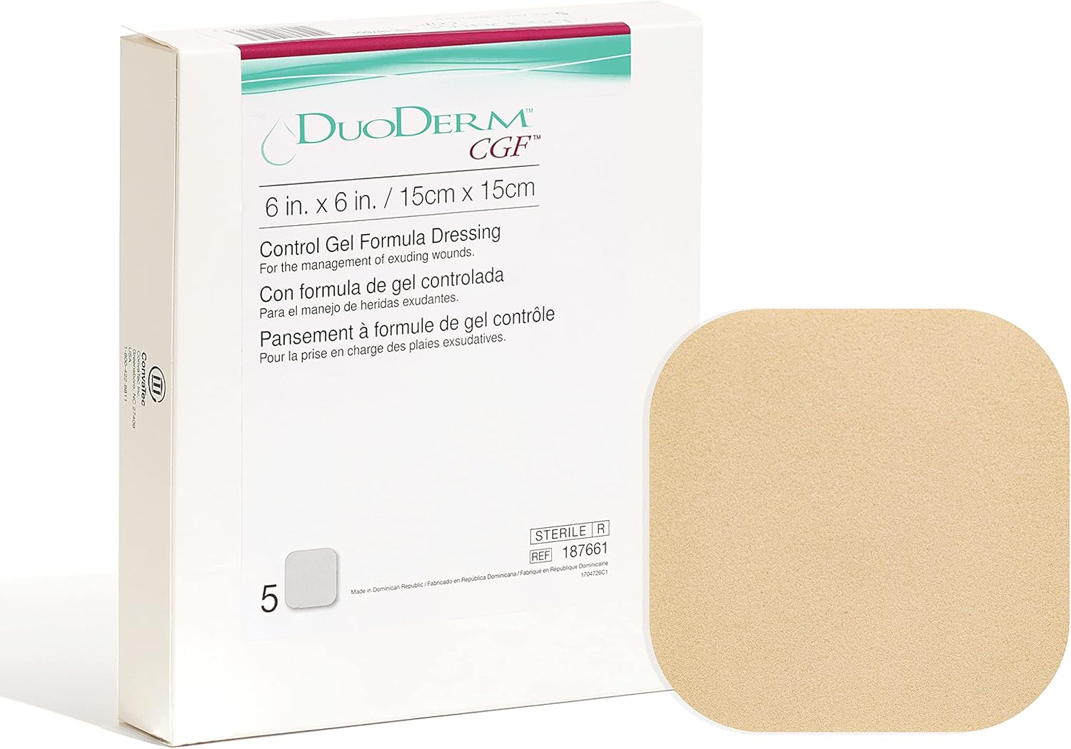 ConvaTec DuoDERM CGF – Apósito estéril hidrocoloide de 6 x 6 pulgadas para uso en heridas parciales y de espesor completo, cuadrado, beige, 187661,